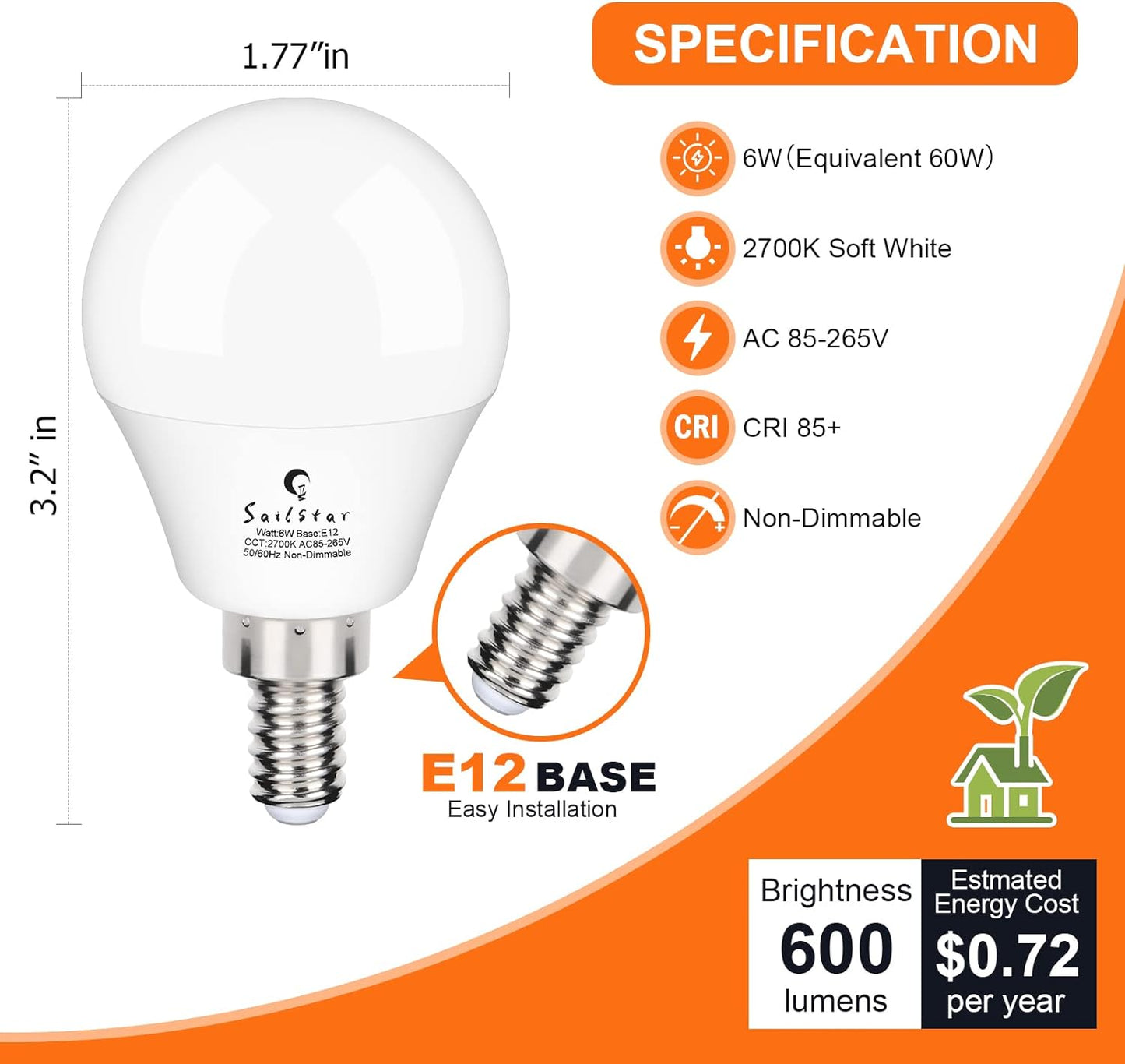 Sailstar A15 Ceiling Fan Light Bulbs, E12 Base, 6Watt (60-Watt Replacement), Soft White 2700K, Non-Dimmable, Candelabra Base LED Light Bulb, 6 Pack