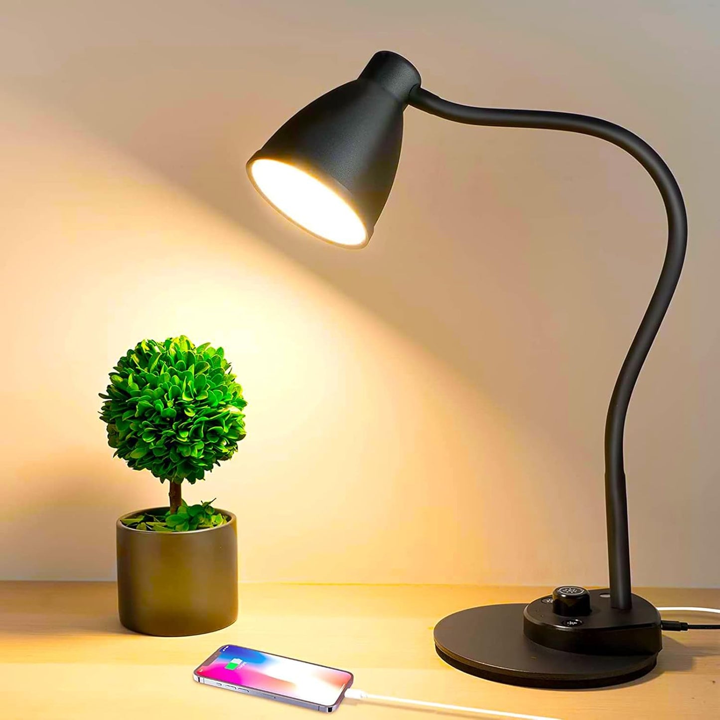 BOHON LED Desk Lamp with USB Charging Port, 3 Color Modes Fully Dimmable Reading Lamp, Auto Dimming Task Lamp, Flexible Gooseneck Table Light for Office Dorm Bedside, Adapter Include, Lilac Purple