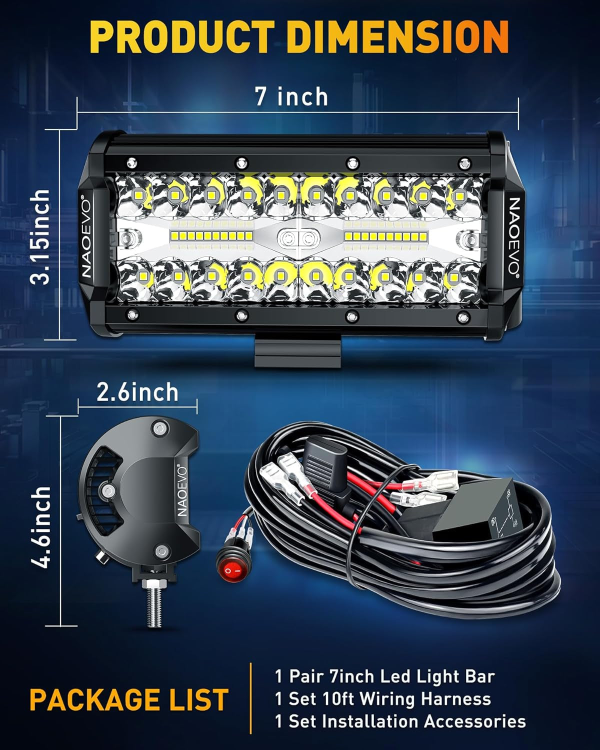 NAOEVO 7 Inch LED Light Bar, 240W 24,000LM Offroad Fog/Driving Lights LED Pods with 2 Leads Wiring Harness Kit, Spot Flood Combo Beam, LED Work Lights for Truck Boat UTV ATV, 2-Pack (White)