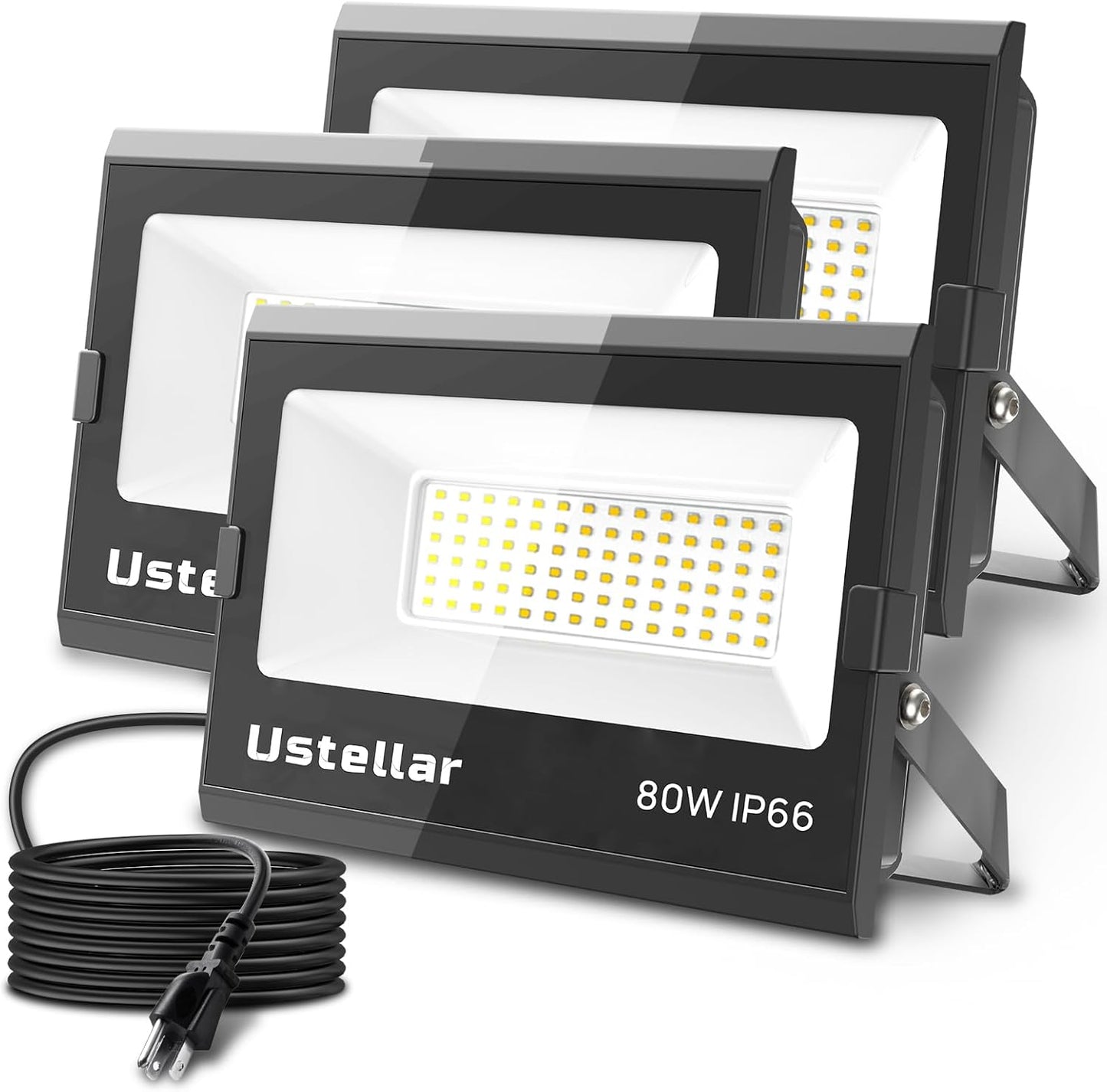 Ustellar 3 Pack 80W LED Flood Lights Outdoor Bright 800W Equiv. 24000LM Security Light outside Lamp IP66 Waterproof 5000K Daylight White Spot Light Exterior Floodlight Lighting for Yard Backyard House