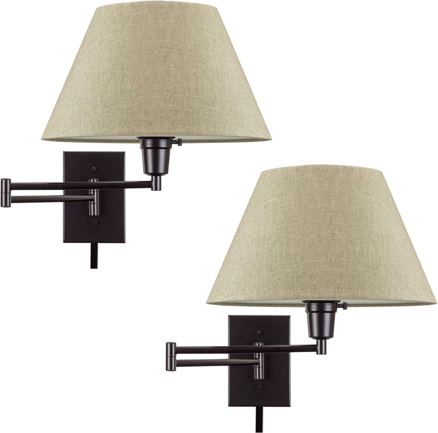 Kira Home Cambridge 15" Swing Arm Wall Lamp - Plug In/Wall Mount + Golden Bronze Fabric Shade, 150W 3-Way, Black Finish, 2-Pack