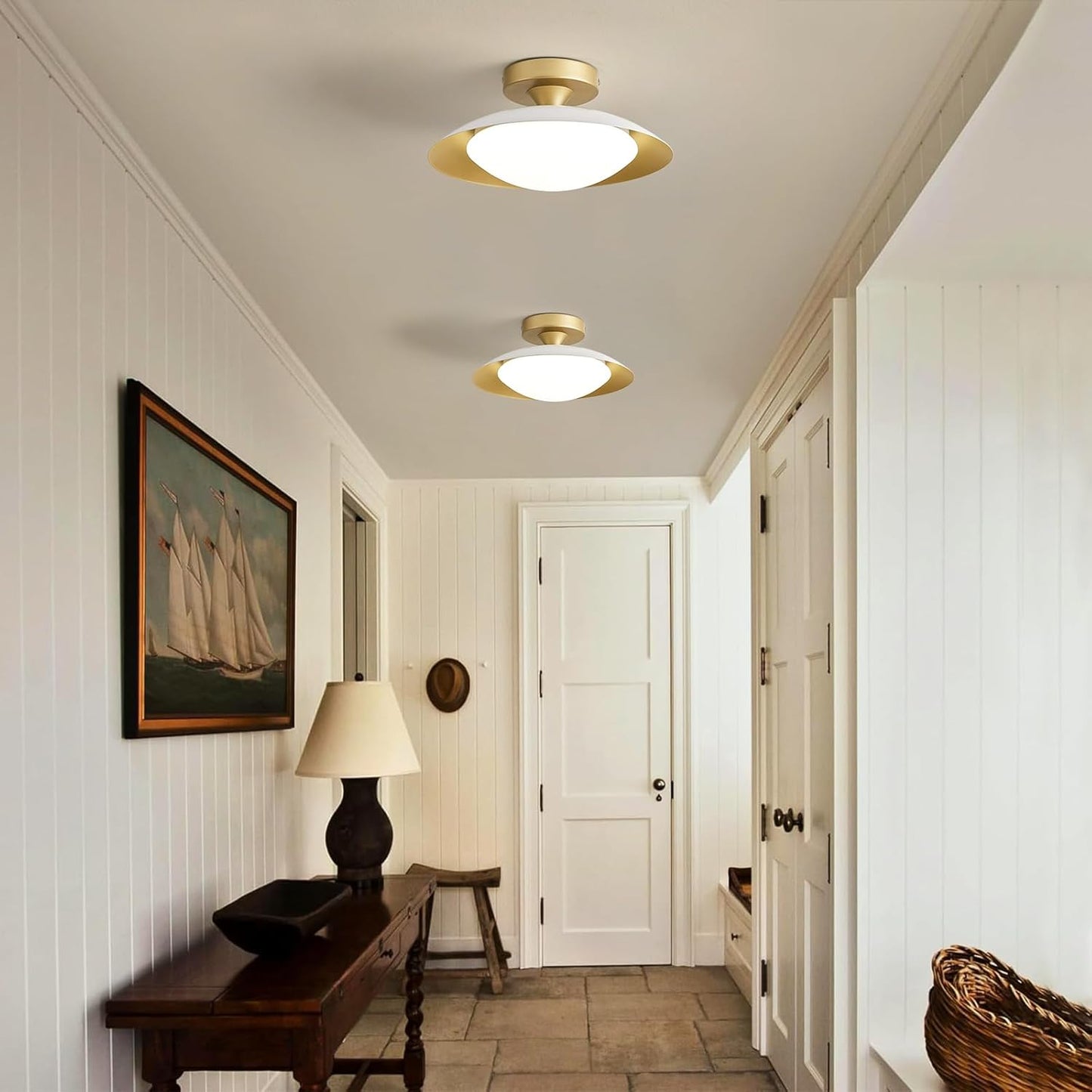 Dimmable Small Mid Century Modern Flush Mount Ceiling Light with Acrylic Shade,White and Gold LED Ceiling Lights,5Cct 2700K-6000K Light Fxiture for Hallway Entryway Bedroom Kitchen Laundry Room 11.8In