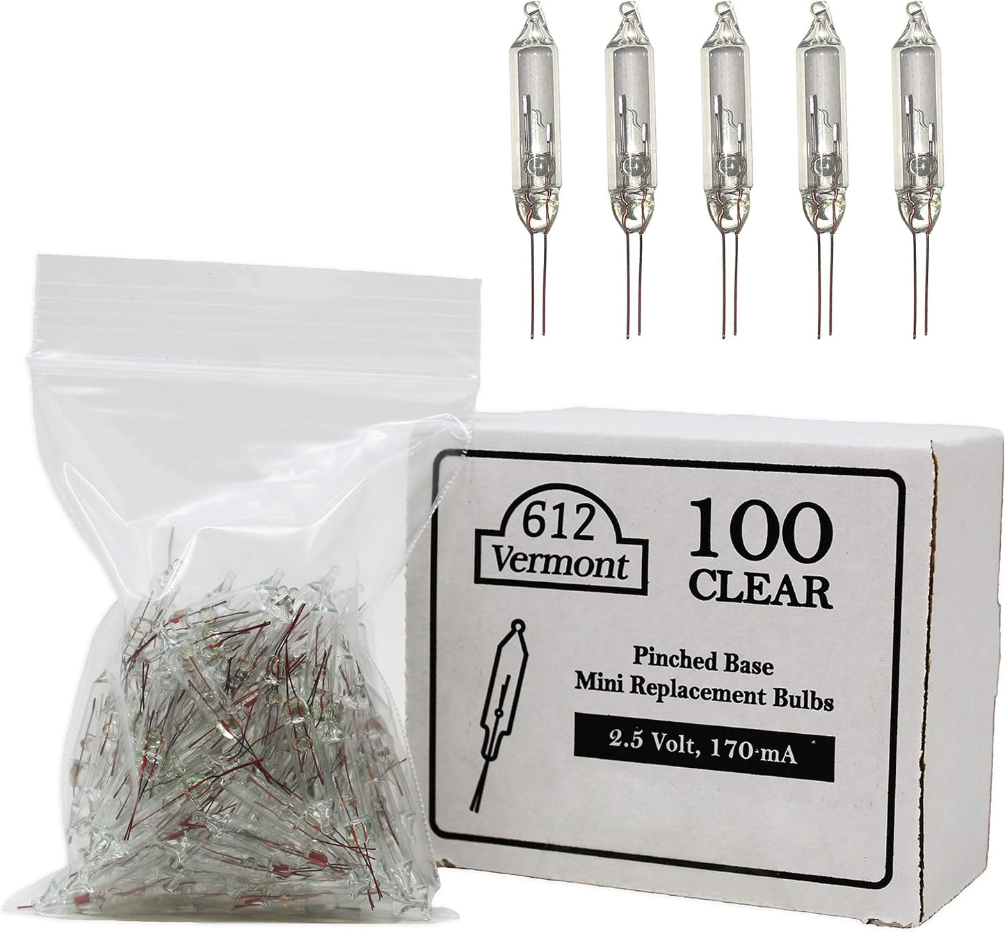 612 Vermont 2.5V Clear Mini Christmas Replacement Bulbs for Christmas Trees and Incandescent String Lights, Pinched Base, 100 Count (0.42 Watt, 170 Ma)