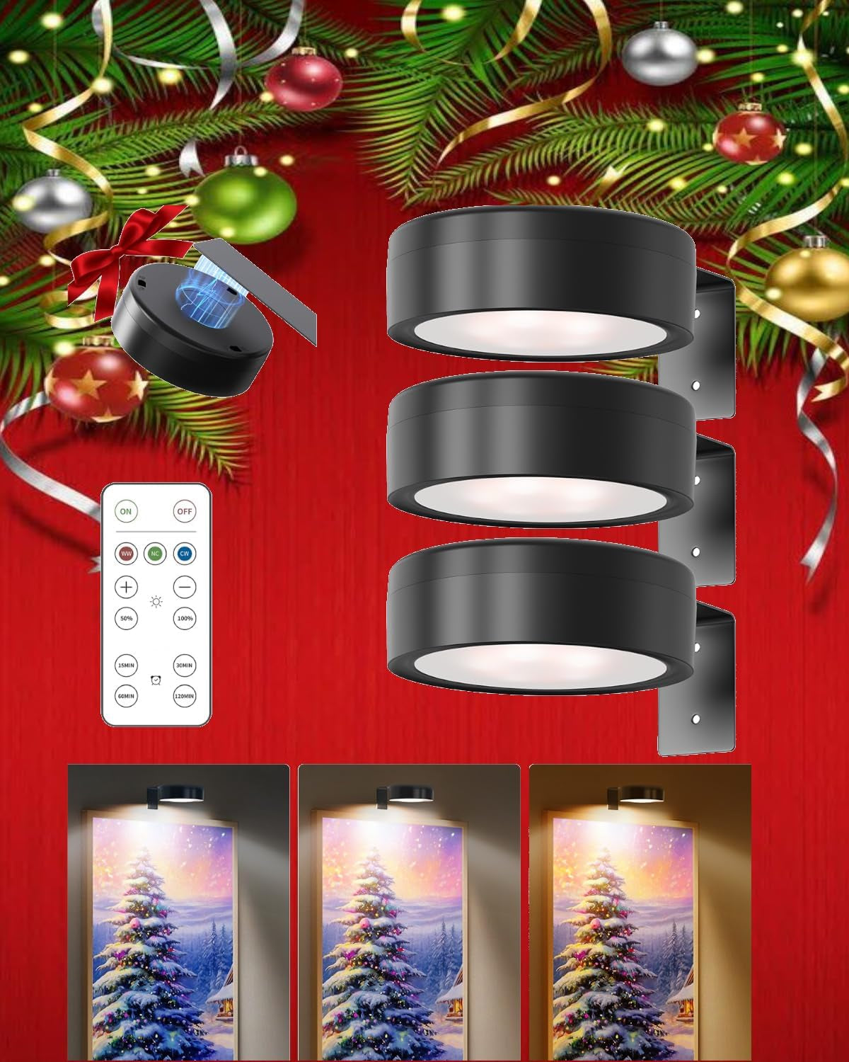 Picture Lights for Wall, Wireless Wall Decor Lights for Picture Artworking Frame Portrait,Battery Operated Magnetic Led Painting Light with Remote Dimmable Timer,Wall Art Display Light for Paintings