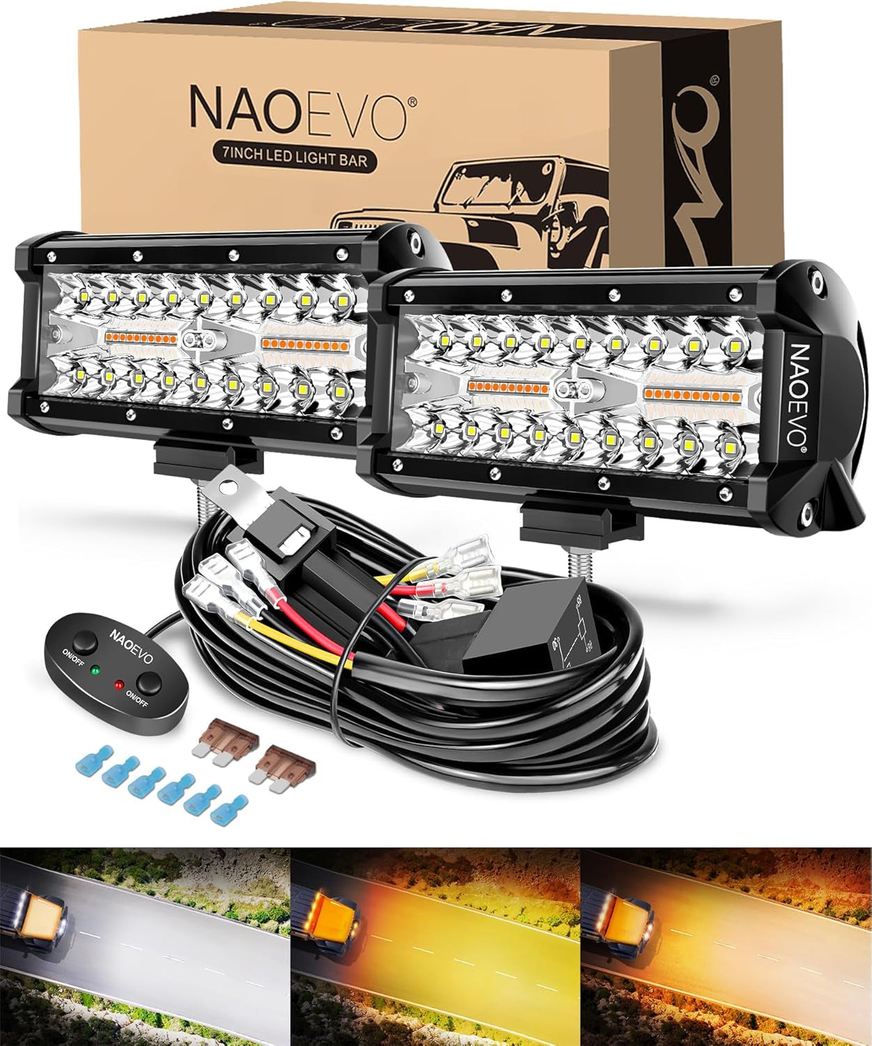 NAOEVO 7 Inch LED Light Bar, 240W 24,000LM Offroad Fog/Driving Lights LED Pods with 2 Leads Wiring Harness Kit, Spot Flood Combo Beam, LED Work Lights for Truck Boat UTV ATV, 2-Pack (White)