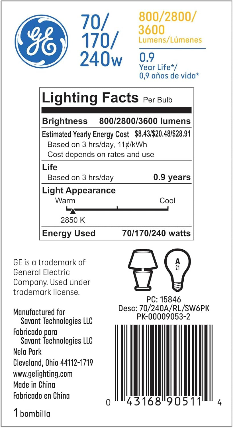 GE Incandescent 240W Soft White A21 3-Way Bulb 1 Pack