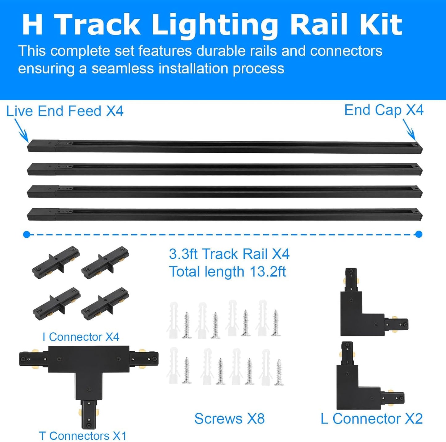 H Track Lighting Rails Kit H Type Track Rails Compatible with Single Circuit 120V H Style Track System for H LED Track Lighting Heads(Black, 13.2Ft)