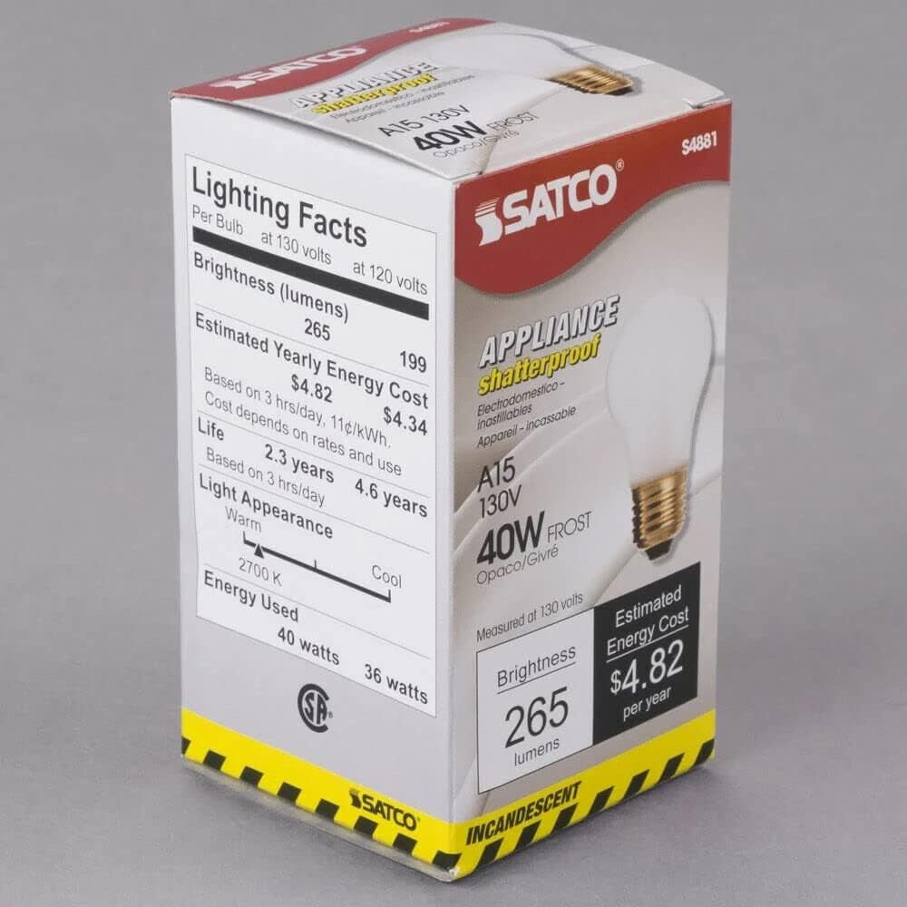 Satco S4881 40 Watt A15 (Appliance) Incandescent; Frost; 2500 Average Rated Hours; 265 Lumens; Medium Base; 130 Volt; Shatter Proof (6 Appliance Size Incandescent Frosted Bulb)