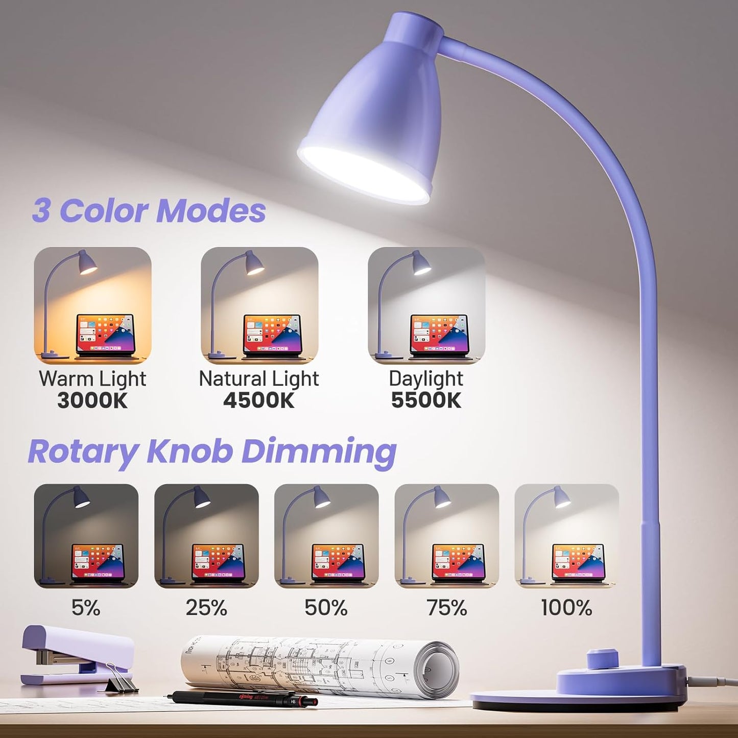 BOHON LED Desk Lamp with USB Charging Port, 3 Color Modes Fully Dimmable Reading Lamp, Auto Dimming Task Lamp, Flexible Gooseneck Table Light for Office Dorm Bedside, Adapter Include, Lilac Purple