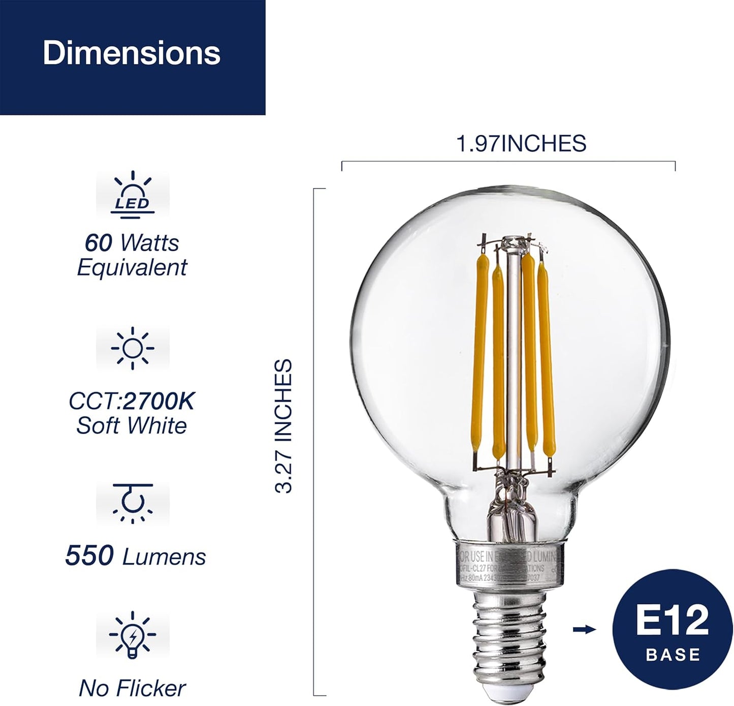 FLSNT G16.5 Dimmable LED Candelabra Bulbs 60W Equivalent, LED E12 Chandelier Light Bulbs, 550LM, CRI90, 5.5W, AC 120V, 6 Pack, 2700K Soft White