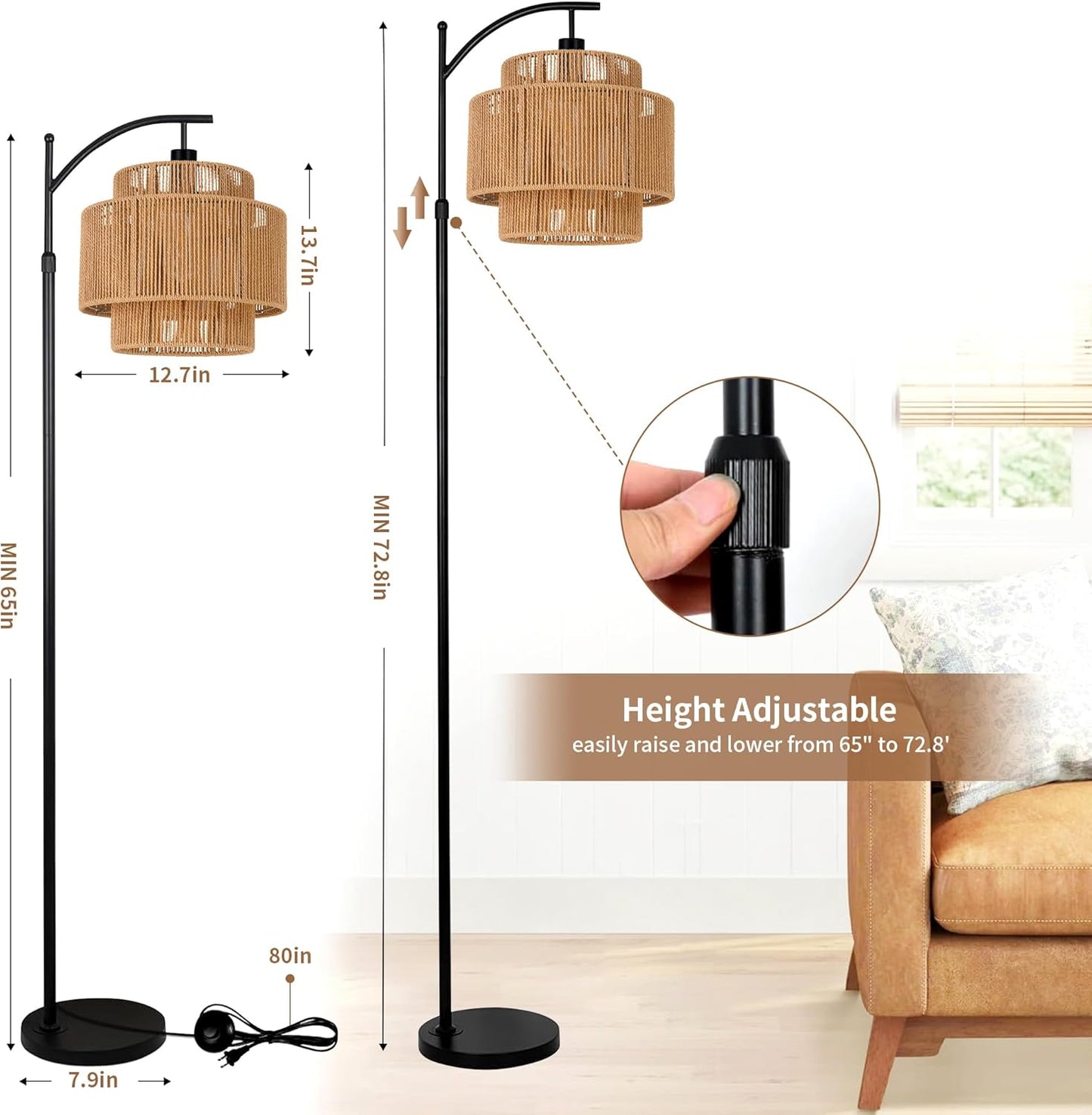 Rattan Floor Lamp for Living Room Bedroom Boho Arc Standing Lamp with Remote Dimmable Black Farmhouse Wicker Bamboo Lamp Shade Floor Light Tall Lamp Industrial Floor Lamps Bohemian Decor