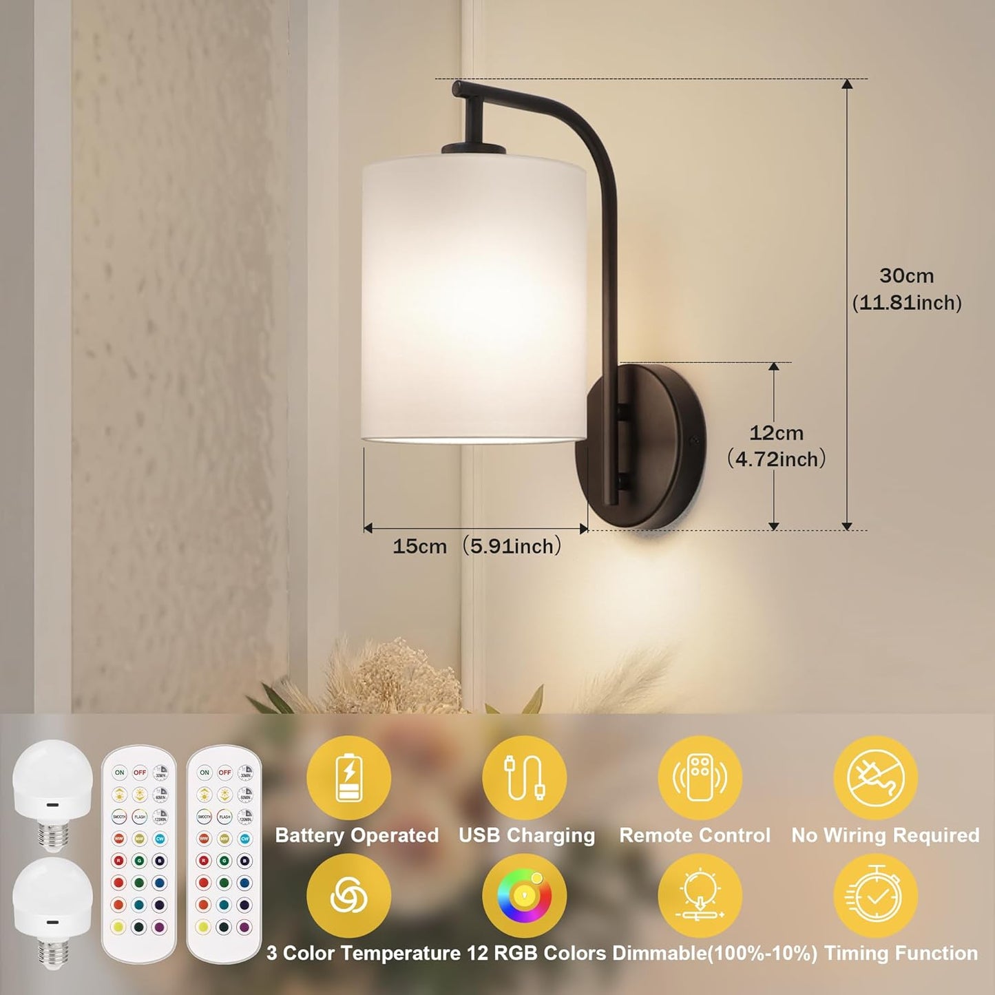 Battery Operated Wall Sconce Set of 2, Black Rechargeable Dimmable Wall Light Fixture with Remote, 12 RGB Colors & Timer, Indoor Wireless Wall Lamp with White Shade