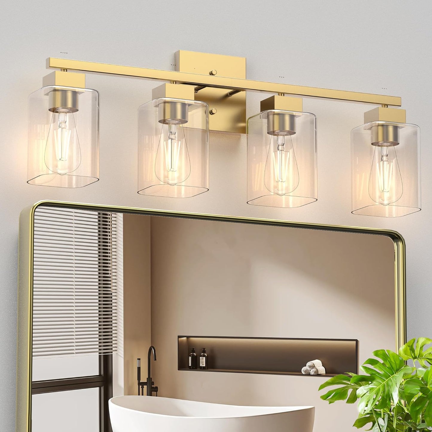 Espird 3 Light Brass Gold Vanity Light - Brushed Gold Bathroom Light Fixtures Square Design & UL Certification, Square Vintage Bathroom Light Fixtures over Mirror for Bathroom & Restroom & Bedroom