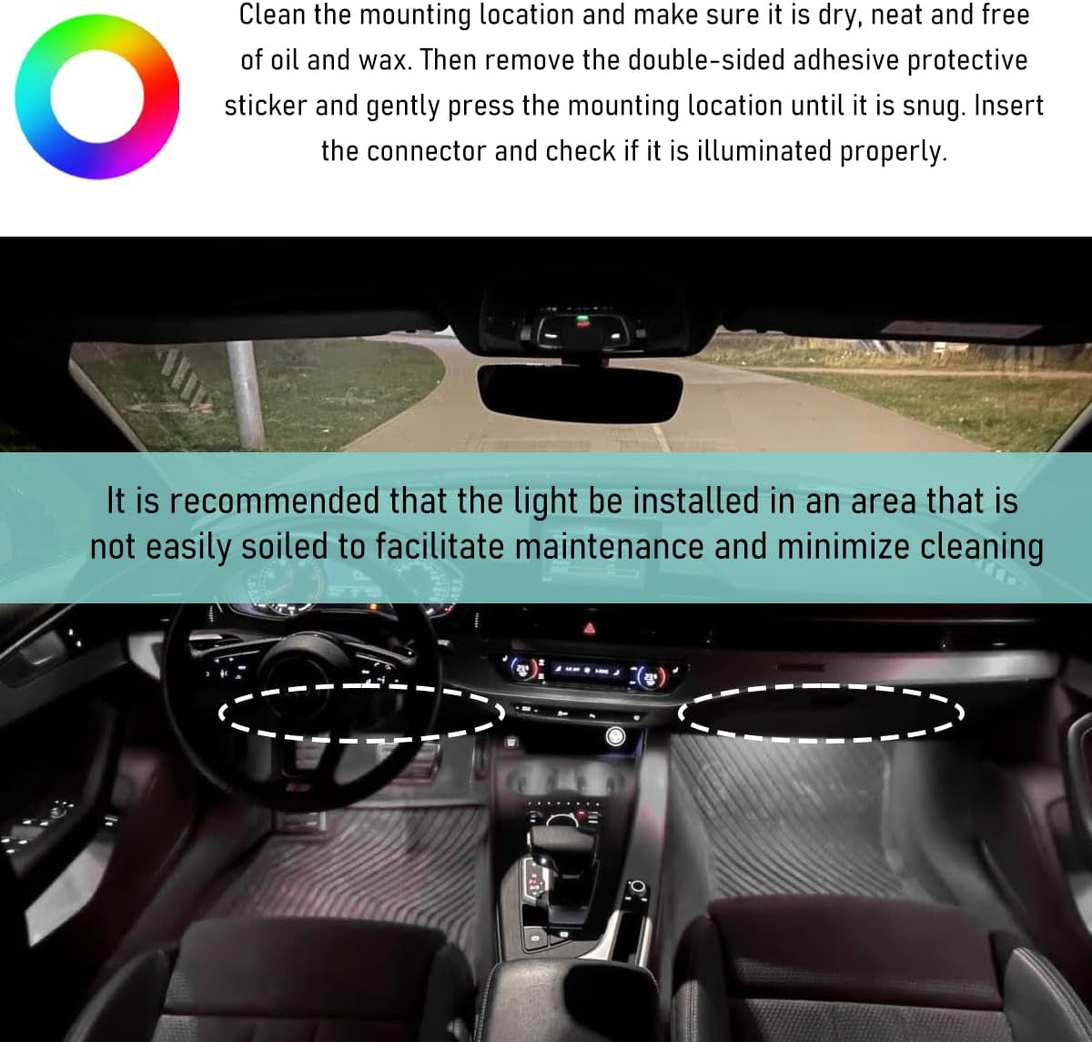 Car LED Strip Light, 24 LED Auto Interior under Dash Atmosphere Lights with USB Port, Vehicle Decor Lamp Ambient Night Light Strip Lighting Kit, Universal Car Accessories (White)