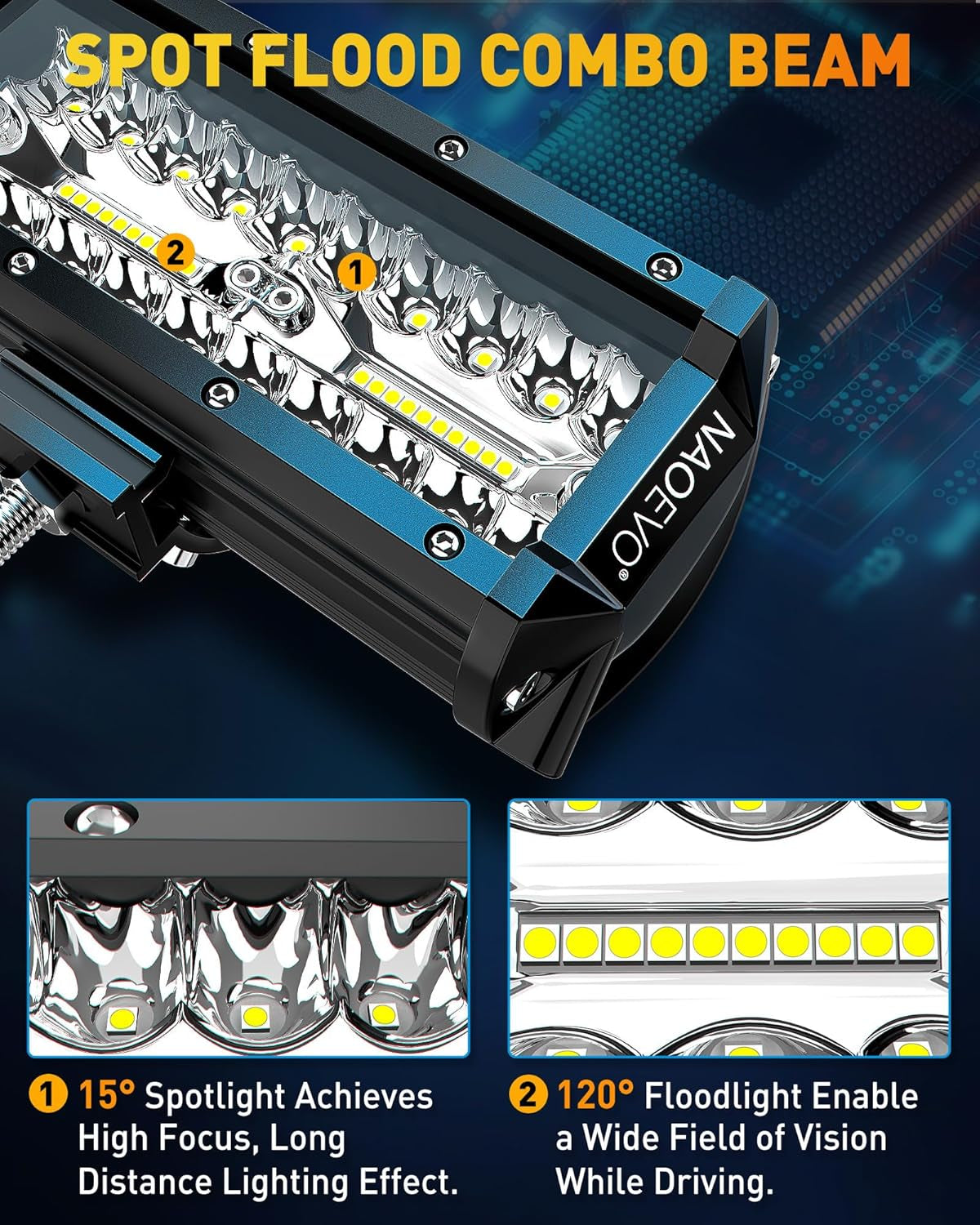 NAOEVO 7 Inch LED Light Bar, 240W 24,000LM Offroad Fog/Driving Lights LED Pods with 2 Leads Wiring Harness Kit, Spot Flood Combo Beam, LED Work Lights for Truck Boat UTV ATV, 2-Pack (White)
