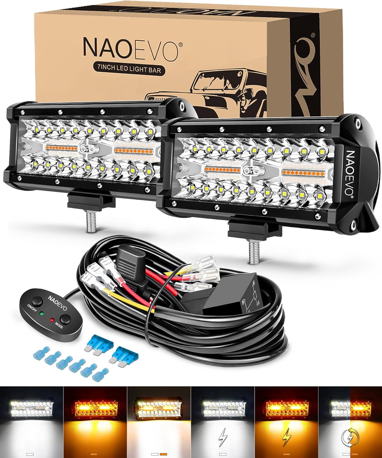 NAOEVO 7 Inch LED Light Bar, 240W 24,000LM Offroad Fog/Driving Lights LED Pods with 2 Leads Wiring Harness Kit, Spot Flood Combo Beam, LED Work Lights for Truck Boat UTV ATV, 2-Pack (White)