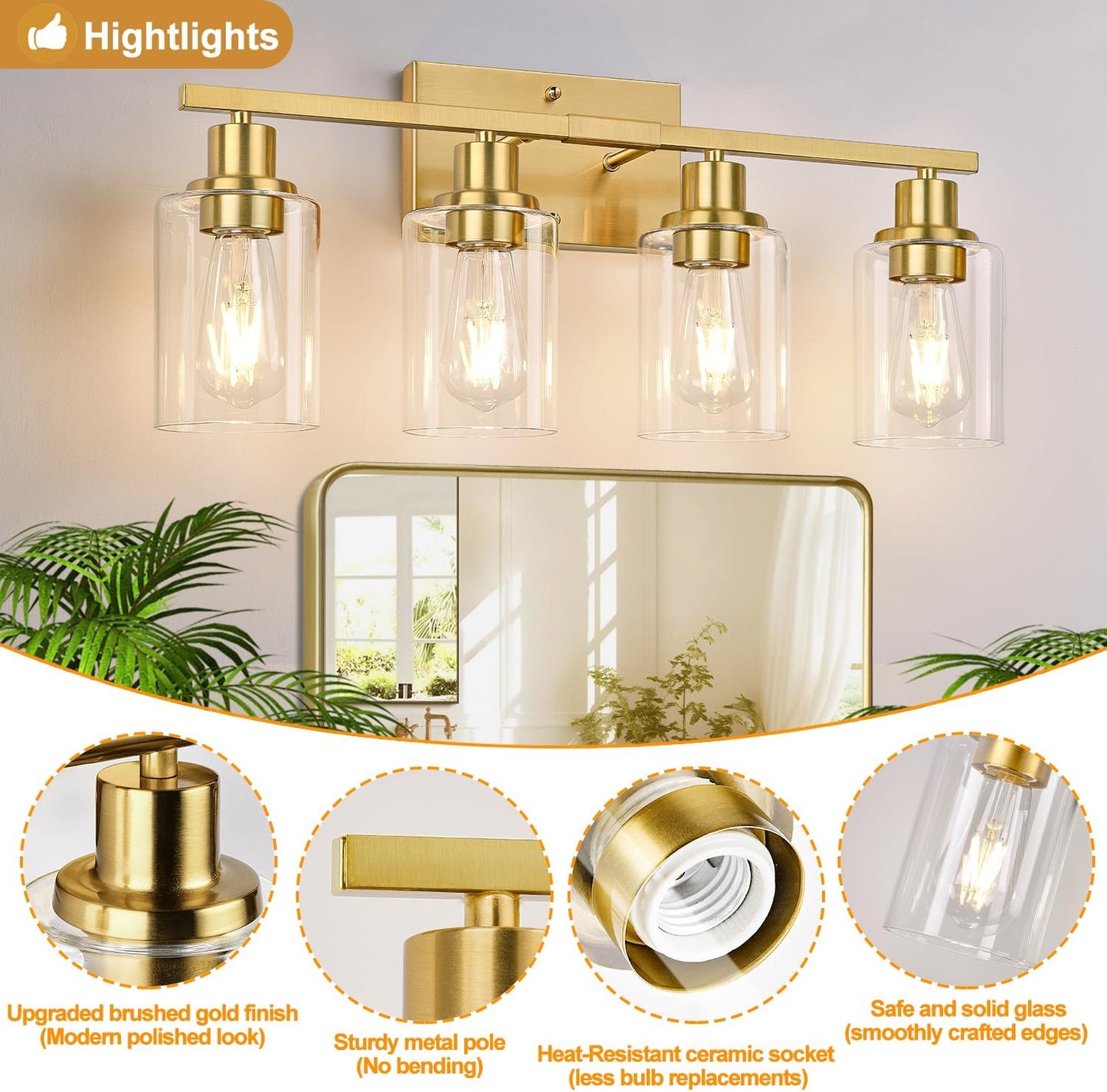 4-Light Bathroom Light Fixtures, Bathroom Vanity Lights with Clear Glass Shades, Gold Bathroom Light Fixtures over Mirror, Modern Bathroom Wall Lamp for Mirror Living Room Cabinet Bedroom Porch