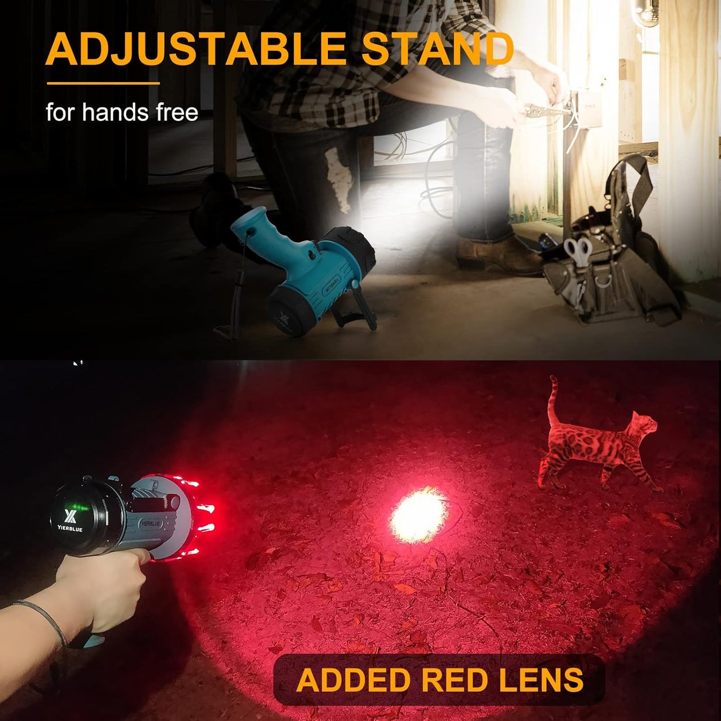 YIERBLUE Rechargeable Spotlight Floodlight Combo 1000,000 Lumen LED, IP67 Waterproof Spot Light COB Flood Light, Impact Resistant Handheld Spotlight with Foldable Stand and Detachable Red Lens