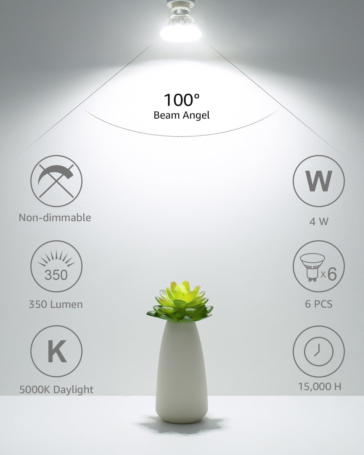 LE GU10 LED Light Bulbs Non-Dimmable, 5000K Daylight White GU10 Bulb Replacement for Recessed Track Lighting, 4W LED Bulbs with 100°Flood Beam for Kitchen, Range Hood, Living Room, Bedroom, 6 Pack
