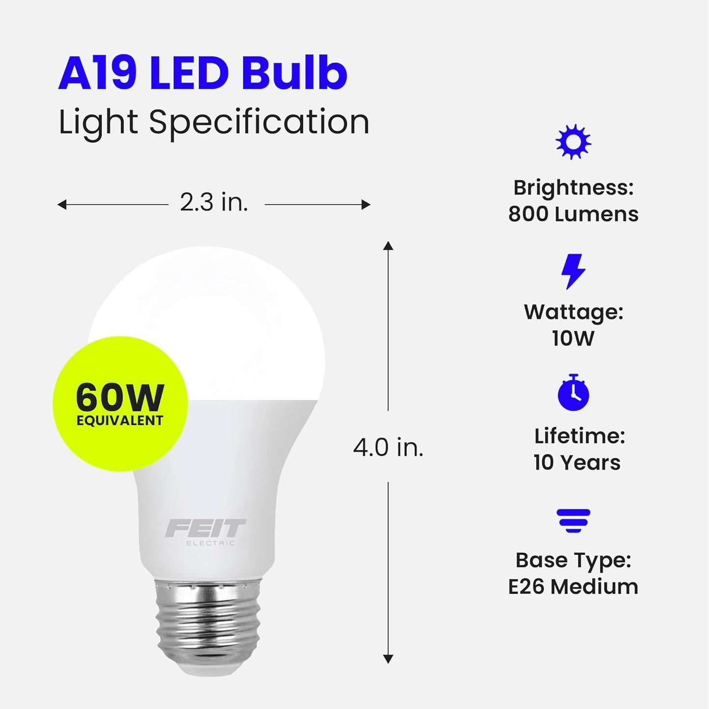 Feit Electric A19 LED Light Bulbs, 60W Equivalent, Non-Dimmable, 800 Lumens, E26 Standard Base, 2700K Soft White, 80 CRI, 10 Year Lifetime, Energy Efficient, 4 Pack, A800/827/10KLED/4