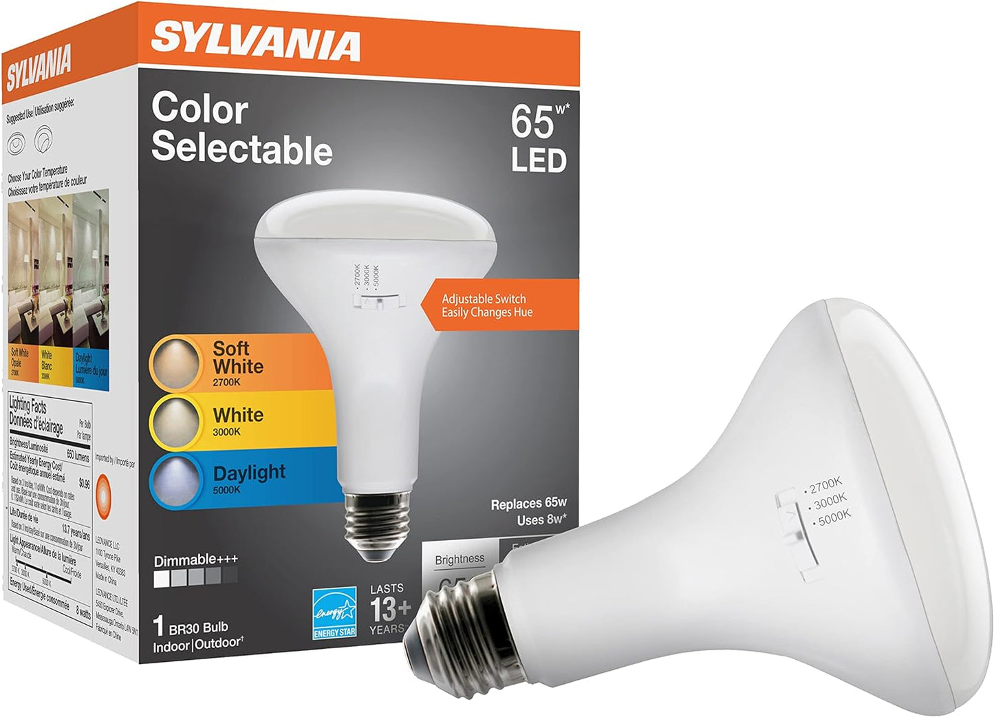 Sylvania LED Flood BR30 Light Bulb, 65W = 9W, 10 Year, 650 Lumens, Dimmable, 2700K, Soft White - 12 Pack (41262)