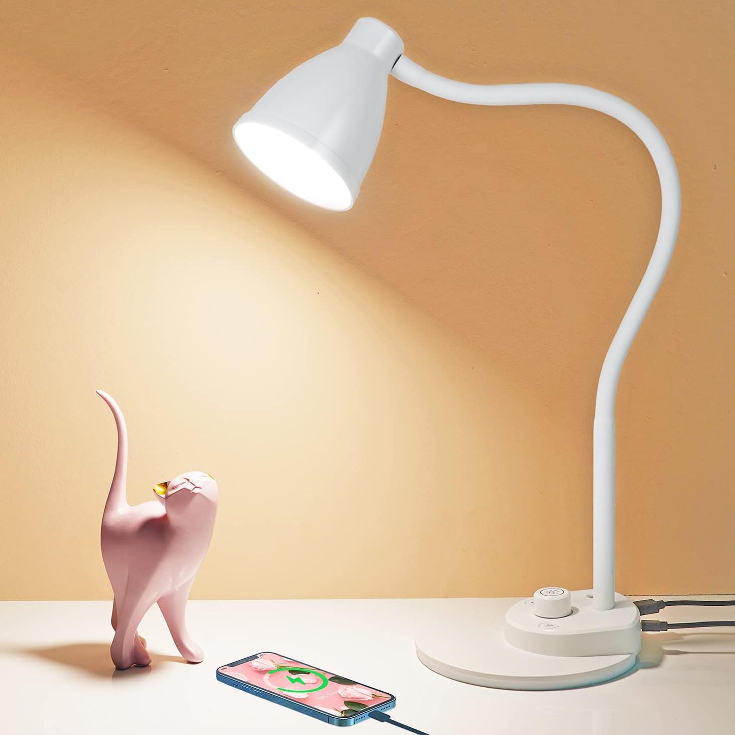 BOHON LED Desk Lamp with USB Charging Port, 3 Color Modes Fully Dimmable Reading Lamp, Auto Dimming Task Lamp, Flexible Gooseneck Table Light for Office Dorm Bedside, Adapter Include, Lilac Purple