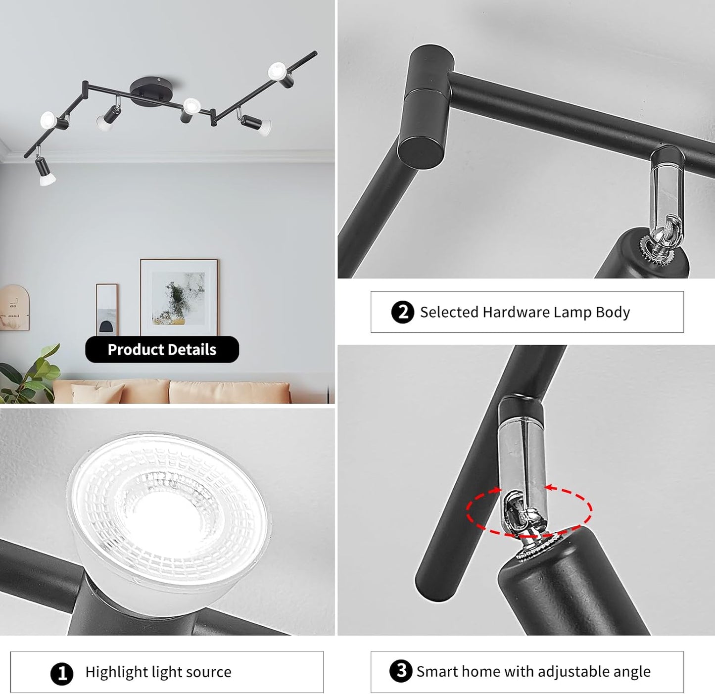 Qcyuui Track Lighting Kit,6-Light LED Ceiling Track Light with Adjustable Light Head, Flush Mount Ceiling Spot Lighting Fixtures for Kitchen,Dining Room,Bedroom,Office(6 X GU10 Bulbs Included)