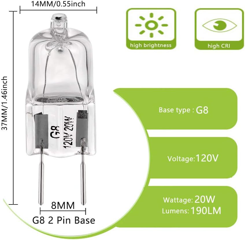 G8 Light Bulbs 20Watt 120Volt Halogen Light Bulb G8 Base Bi-Pin Shorter 1-3/8" (1.38") Length 20W T4 JCD Warm White under Cabinet Puck Lighting Replacements,10Pack