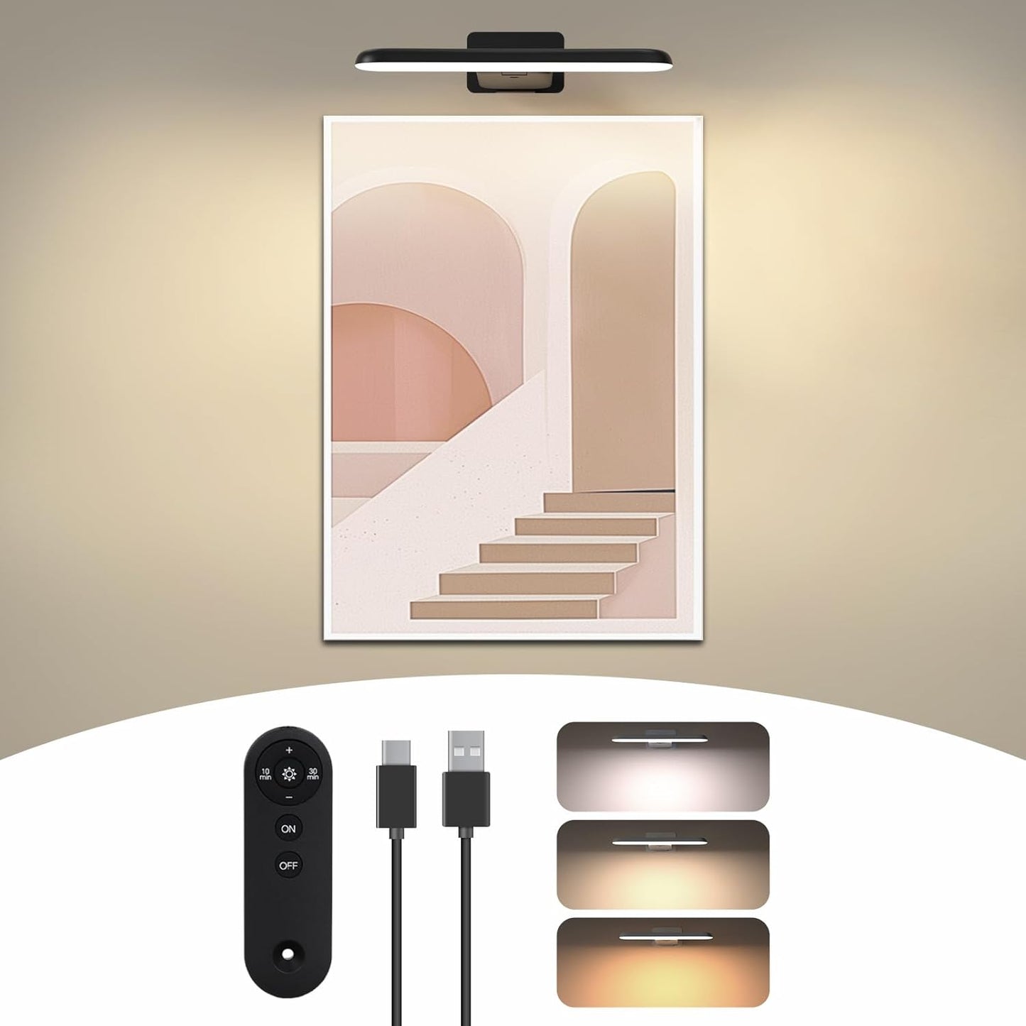Picture Lights Battery Operated with Remote, Rechargeable Picture Lights for Wall, 3Cct&Brightness Dimmable,300 LM, Sticker/Screw Installation, Art Light for Gallery, Artwork-Black