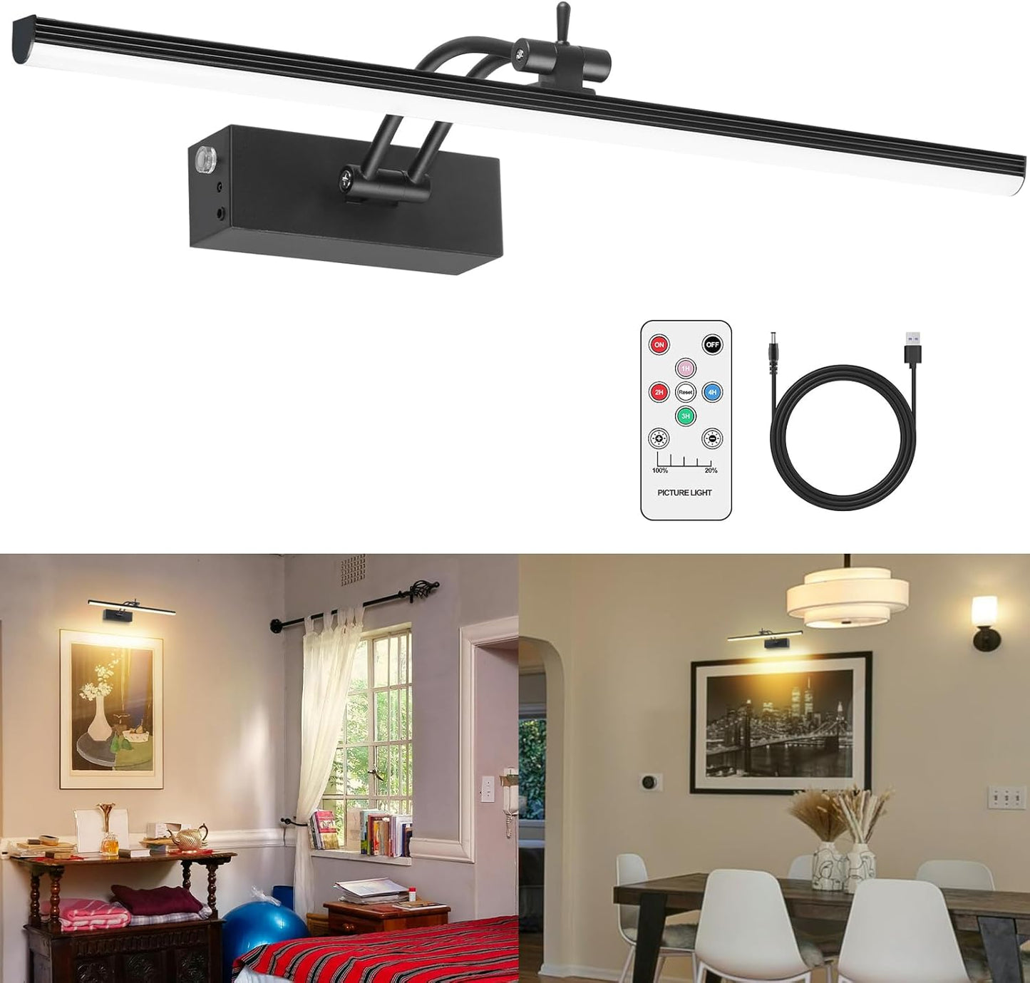 5200Mah Picture Light, Battery Operated Picture Lights for Wall, 16" Remote LED Art Light with Timer for Paintings, Dimmable Metal Painting Light for Display, Gallery (Gold)