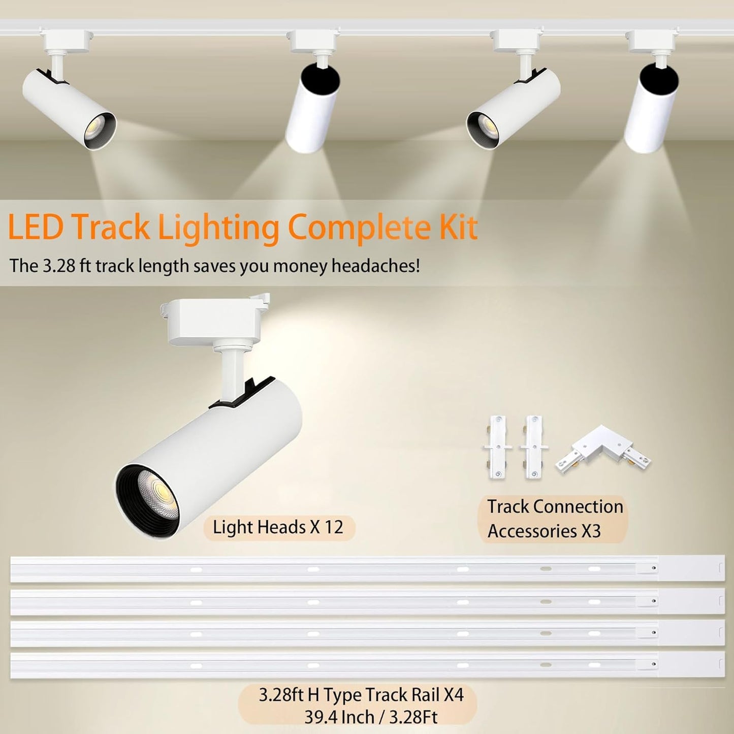 Ultra-Bright H Type Track Lighting Kit with 13.1 FT Track Rails, 12 Heads 3000K Warm White 20W 2400Lm, Dimmable Plug in LED Track Lights Modern Indoor Spotlight Fixture