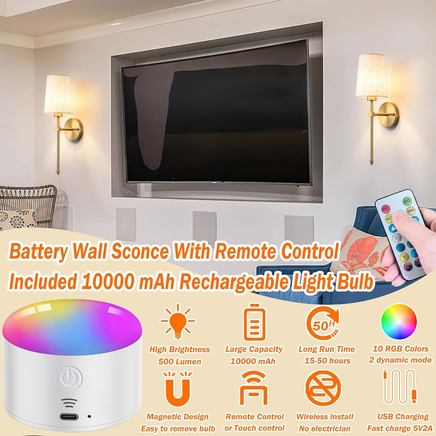 Battery Operated Wall Sconce Set of Two with Remote Control, Indoor Not Hardwired Dimmable Battery Operated Wall Sconce Light Fixture with Fabric Linen Shade for Bedroom Living Room, Bulb Included ( C