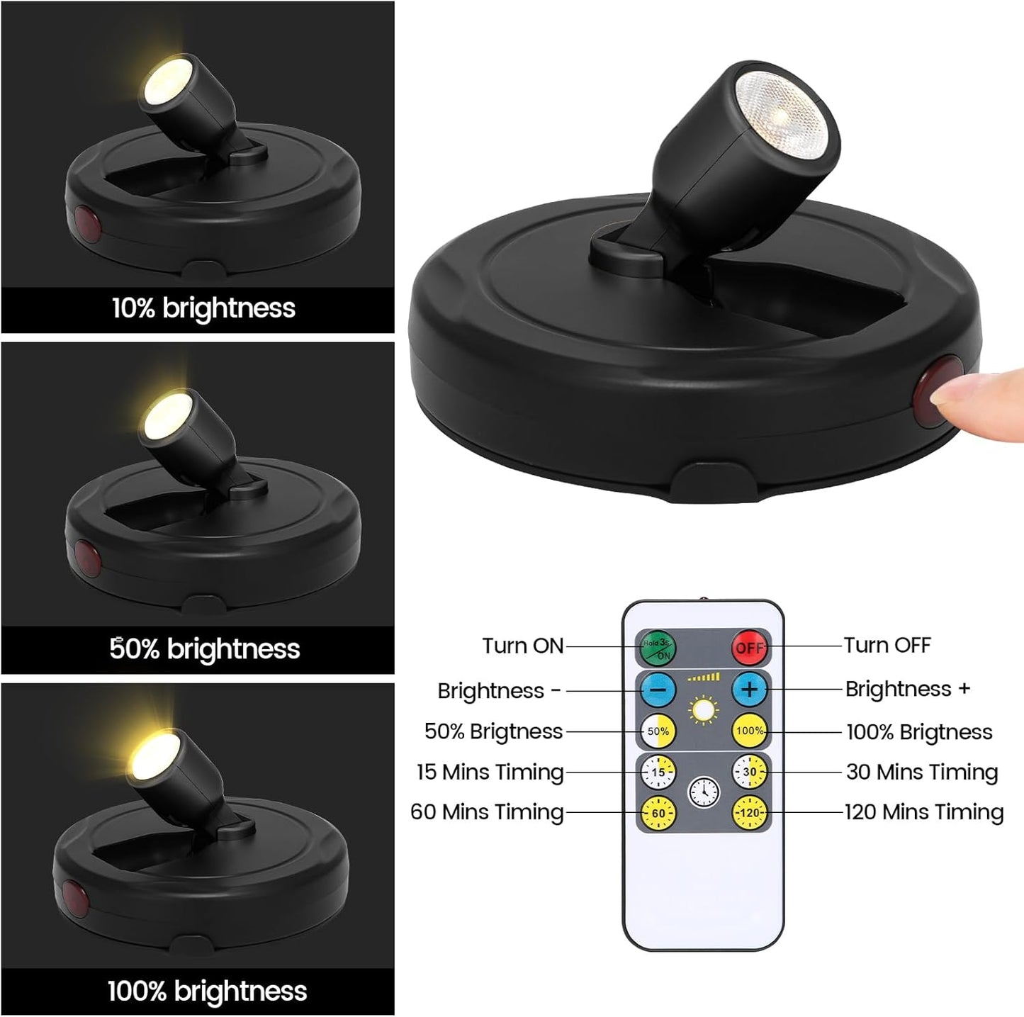 Spotlight Battery Powered, Wireless Picture Light, Accent Spot Light for Indoor Plant Tree, Display LED Puck Lights with Remote and Timer, Stick Uplighting for Photo Painting Dartboard Wall Decor Art