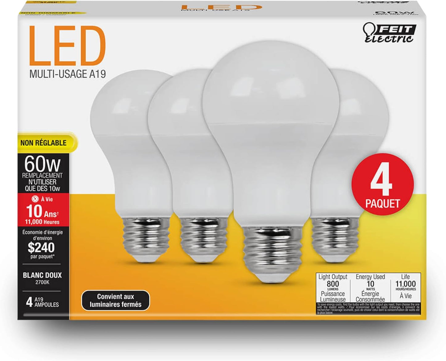Feit Electric A19 LED Light Bulbs, 60W Equivalent, Non-Dimmable, 800 Lumens, E26 Standard Base, 2700K Soft White, 80 CRI, 10 Year Lifetime, Energy Efficient, 4 Pack, A800/827/10KLED/4
