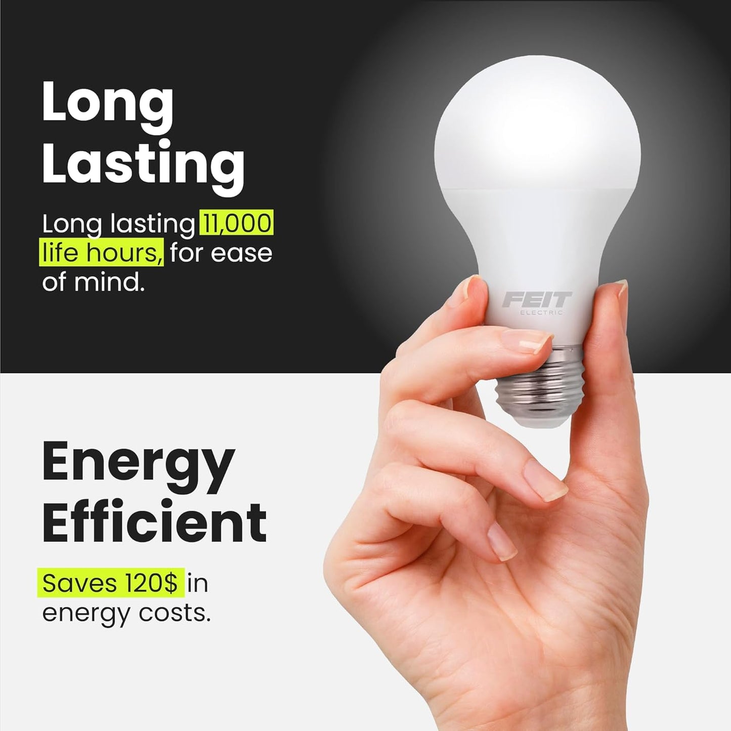 Feit Electric A19 LED Light Bulbs, 60W Equivalent, Non-Dimmable, 800 Lumens, E26 Standard Base, 2700K Soft White, 80 CRI, 10 Year Lifetime, Energy Efficient, 4 Pack, A800/827/10KLED/4