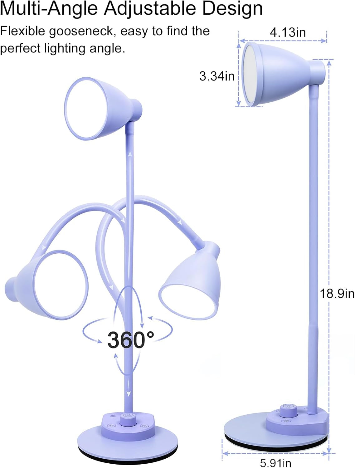 BOHON LED Desk Lamp with USB Charging Port, 3 Color Modes Fully Dimmable Reading Lamp, Auto Dimming Task Lamp, Flexible Gooseneck Table Light for Office Dorm Bedside, Adapter Include, Lilac Purple