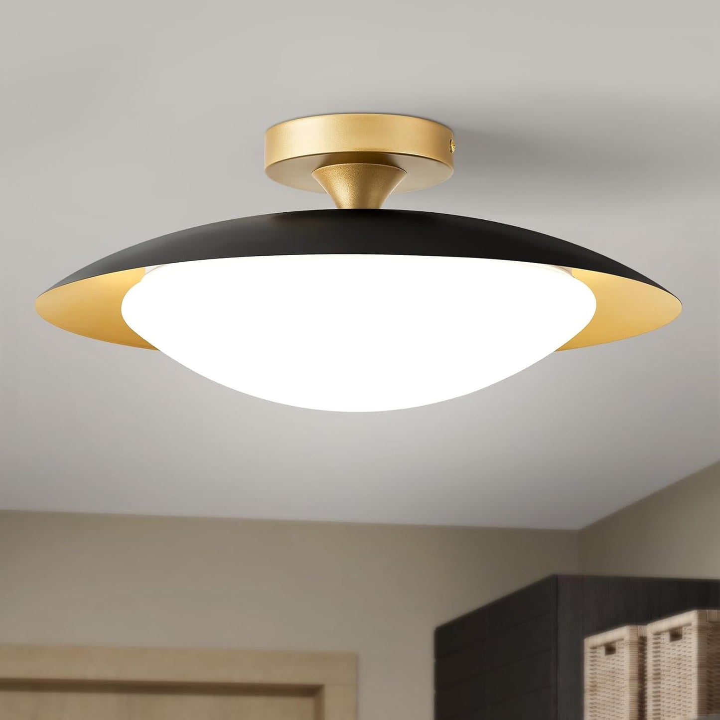 Dimmable Small Mid Century Modern Flush Mount Ceiling Light with Acrylic Shade,White and Gold LED Ceiling Lights,5Cct 2700K-6000K Light Fxiture for Hallway Entryway Bedroom Kitchen Laundry Room 11.8In