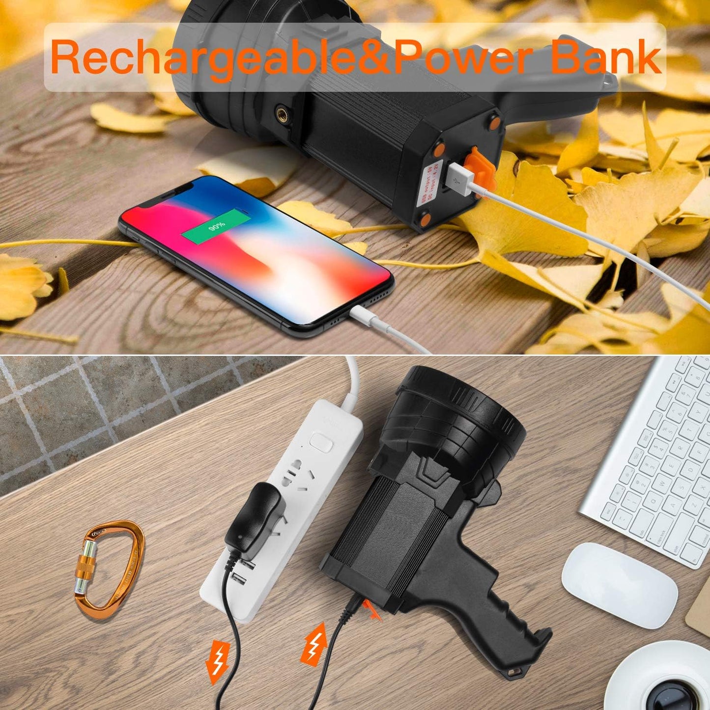 BUYSIGHT Rechargeable Spotlight,Spot Lights Hand Held Large Flashlight 1000,000 Lumens Handheld Spotlight Lightweight and Super Bright Flashlight (Aluminium_Alloy Black)