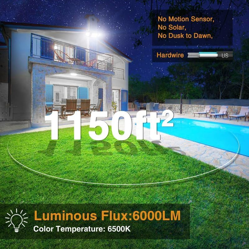 Onforu 60W Flood Lights Outdoor, 6000LM Brightness Security Lights Switch Controlled, 3 Adjustable Heads, IP65 Waterproof, 6500K Wall Mount Exterior LED Flood Light