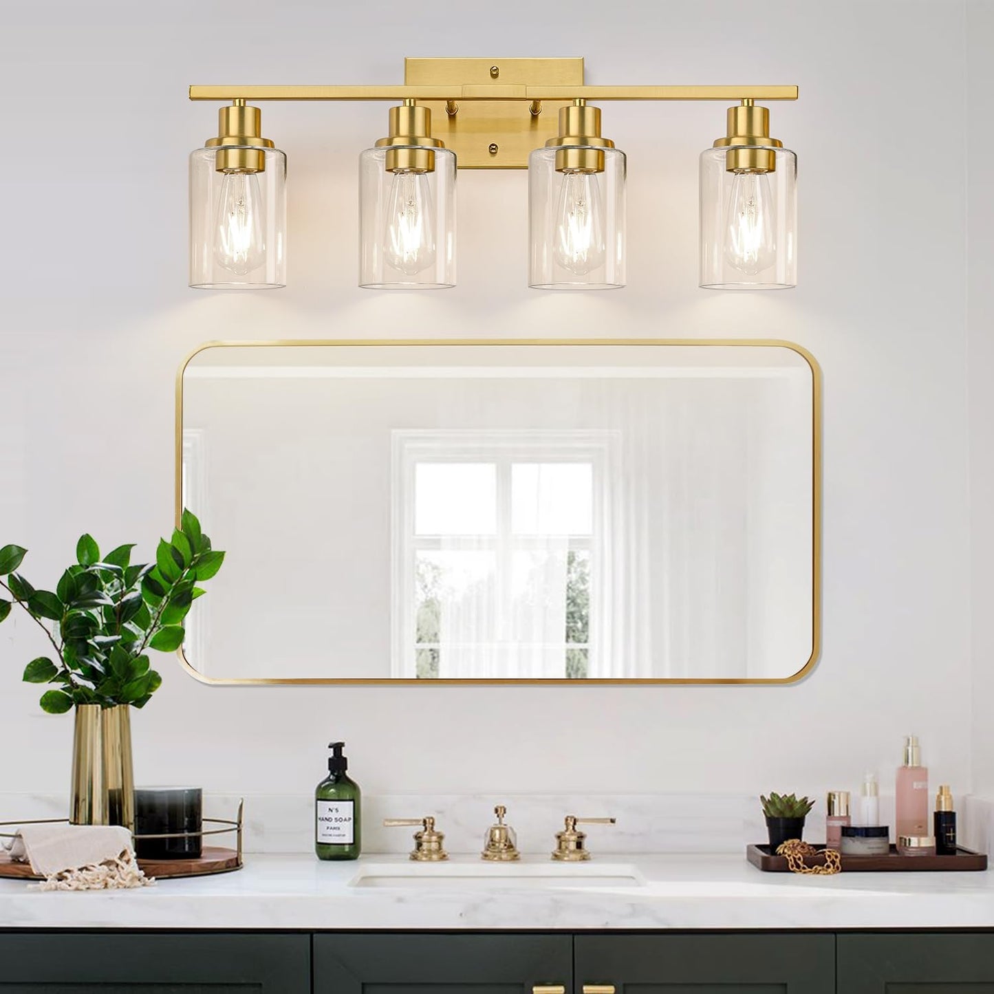 4-Light Bathroom Light Fixtures, Bathroom Vanity Lights with Clear Glass Shades, Gold Bathroom Light Fixtures over Mirror, Modern Bathroom Wall Lamp for Mirror Living Room Cabinet Bedroom Porch