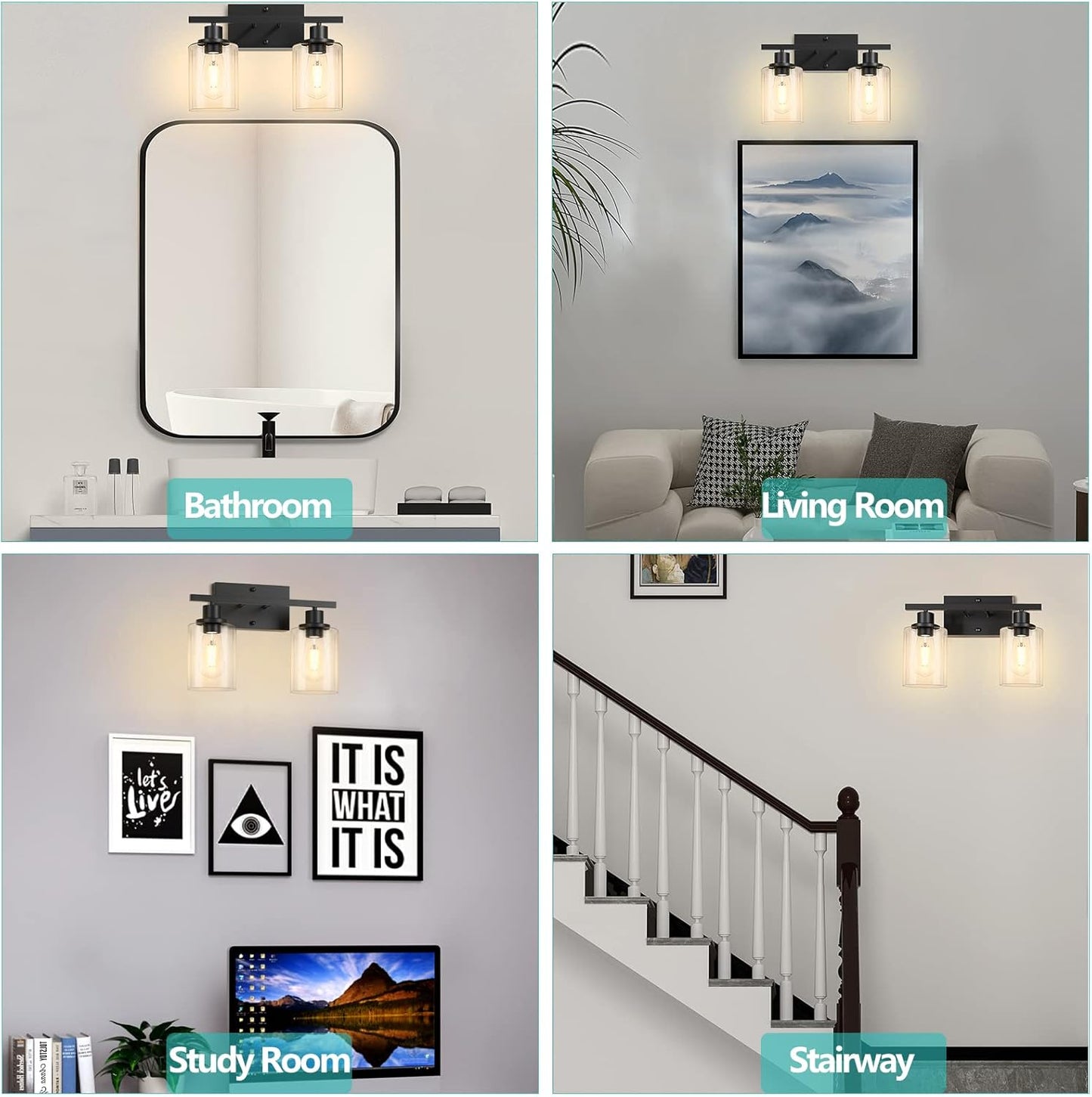 Asnxcju 2-Light Black Bathroom Light Fixture, Vanity Light over Mirror with Clear Glass Shade, Bathroom Wall Sconces Lighting for Bedroom, Living Room, Hallway, E26 Base (Bulbs Not Included)