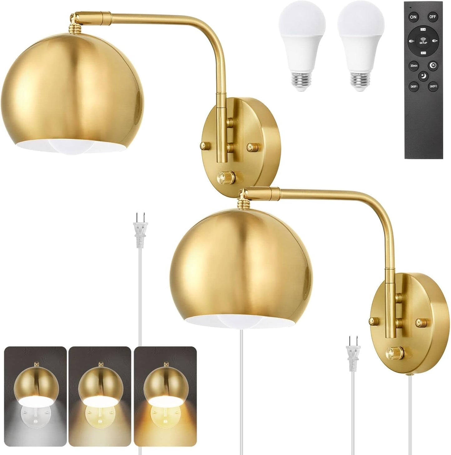 Dimmable Wall Sconces Plug In, Swing Arm Wall Lights with Plug in Cord and Dimmer On/Off Knob Switch, Dimmable Wall Light with Milky White Glass Globe Shade(2 Bulbs Included)