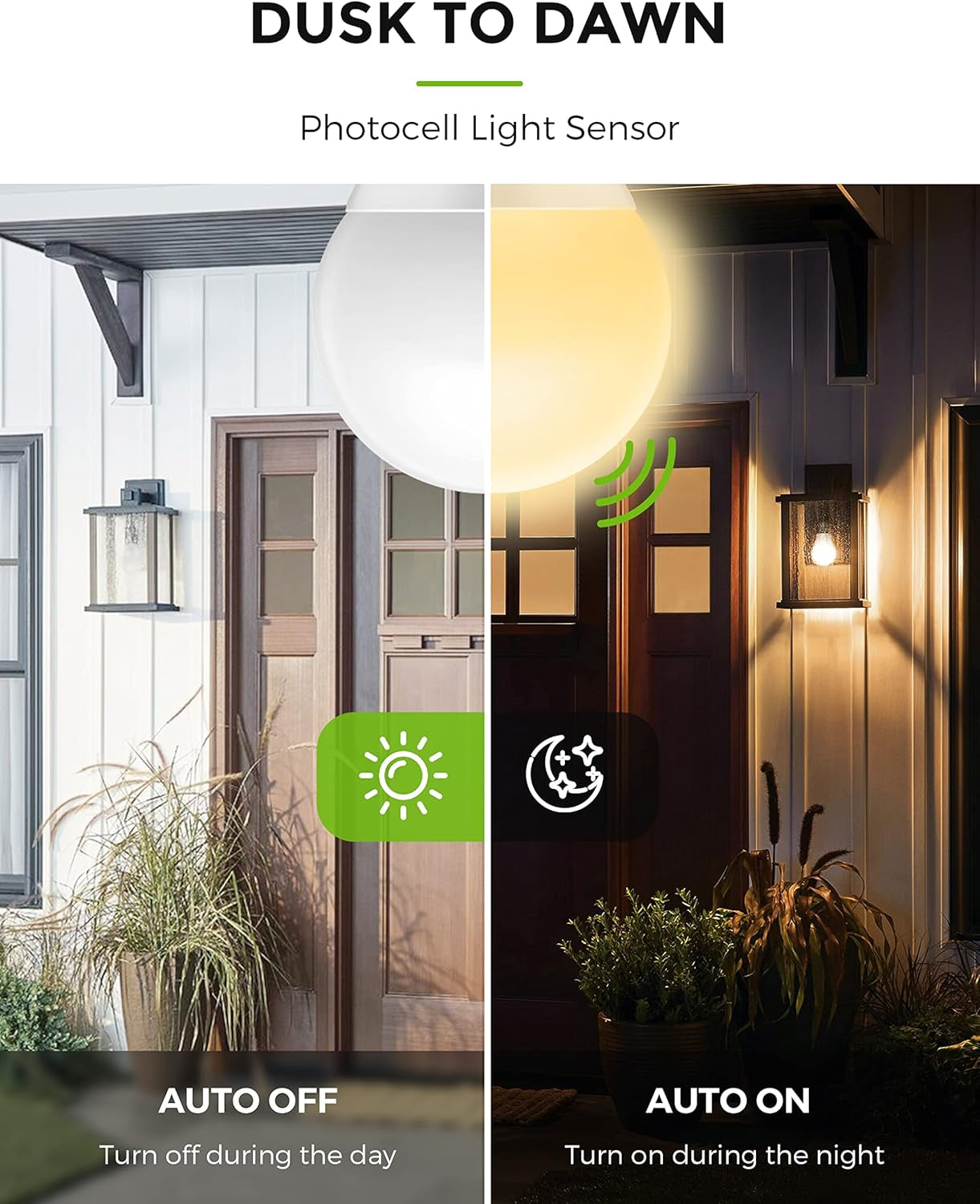 LOHAS Dusk to Dawn Sensor Light Bulbs, 40W Equivalent LED Outdoor Lighting, Warm White 2700K Automatic Photocell Light Bulb Outside, A19 6W Bright Porch Light Bulbs, 500LM E26 for Garage Patio,4 Pack