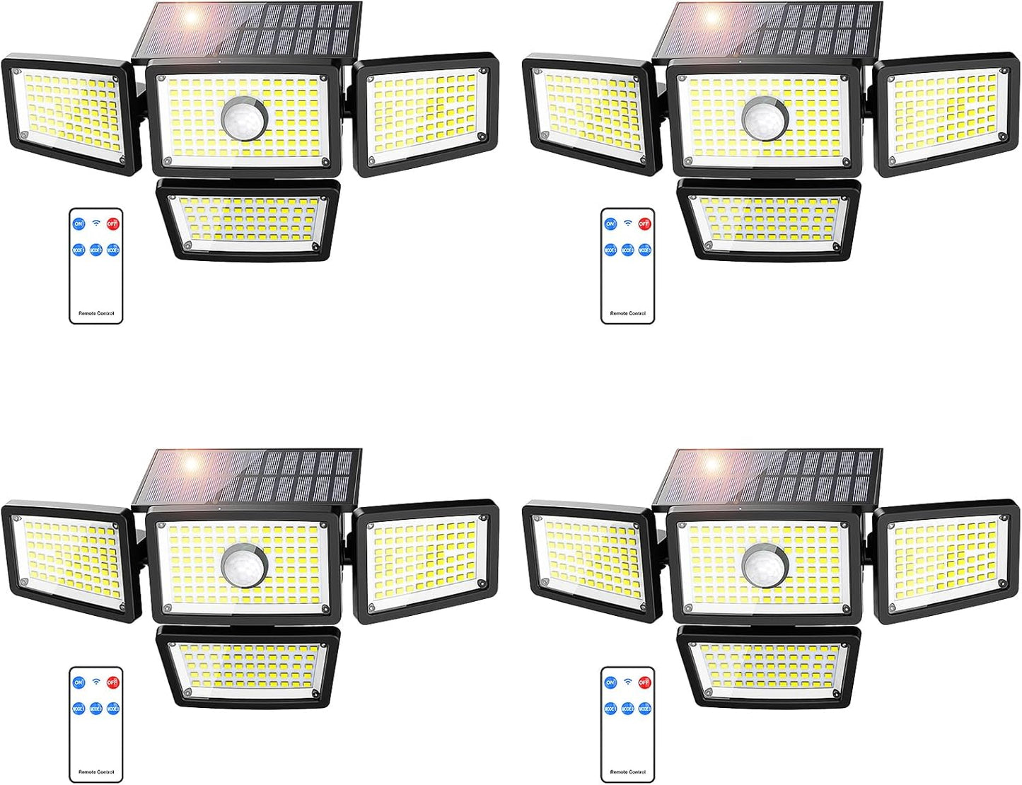 3000LM Solar Lights Outdoor, 4 Adjustable Heads Solar Motion Sensor Lights with 283 LED, IP65 Waterproof Solar Security Wall Lights, Remote Control Flood Lights for Graden, Outside, Backyard 2 Pack