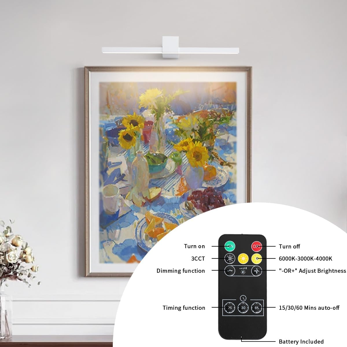 White Battery Operated Picture Light with Remote,Wireless Gallery Lights White 15.7 Inch Rechargeable Display Light Dimmable Wall Sconce for Artwork on Wall