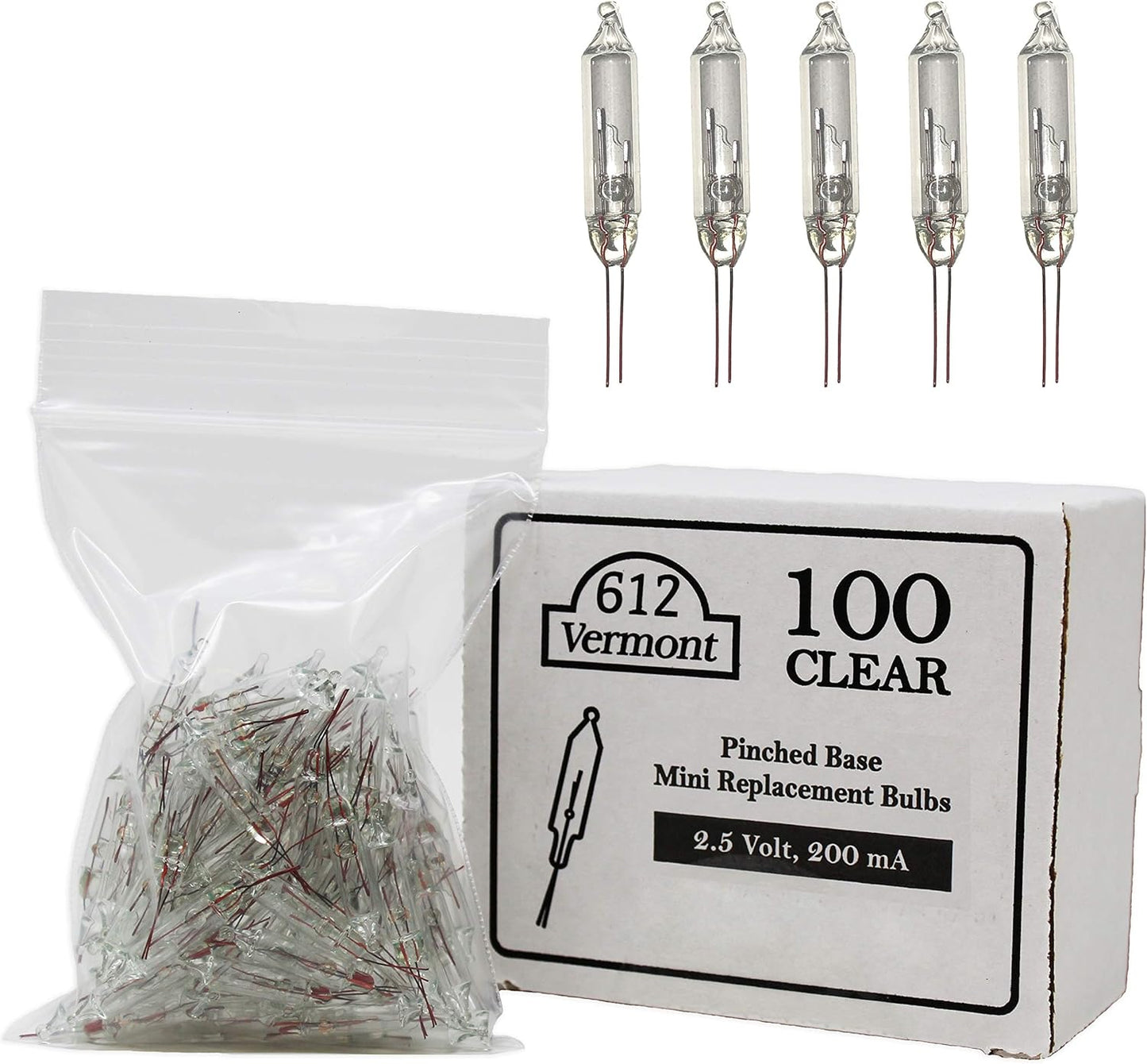 612 Vermont 2.5V Clear Mini Christmas Replacement Bulbs for Christmas Trees and Incandescent String Lights, Pinched Base, 100 Count (0.42 Watt, 170 Ma)