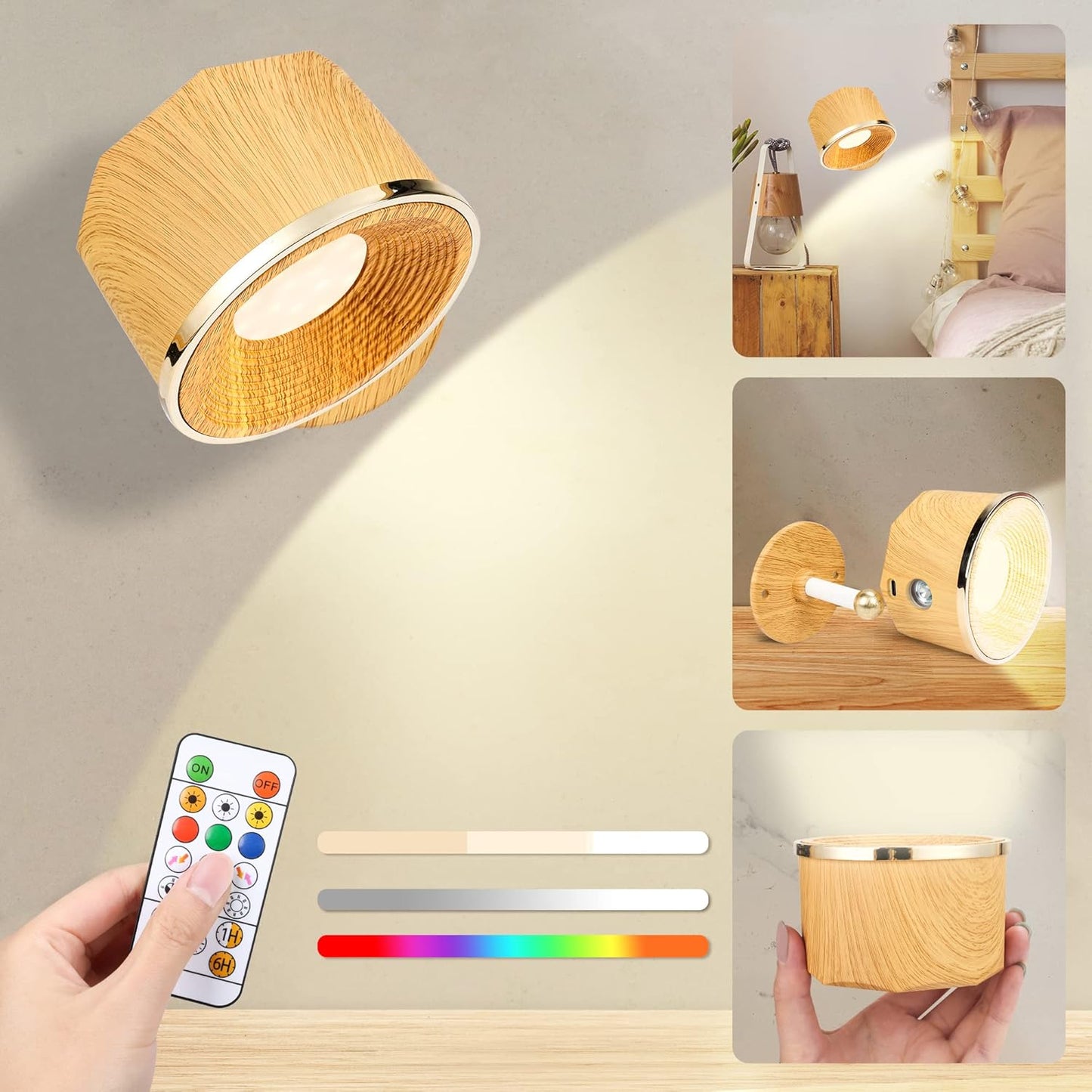 Battery Operated Wall Sconce, LED Rechargeable Wireless Wall Lights 3 White & 13 RGB Stepless Dimmable, 360°Rotate Magnetic Ball for Reading in Bed (Walnut Wood, 1PCS)