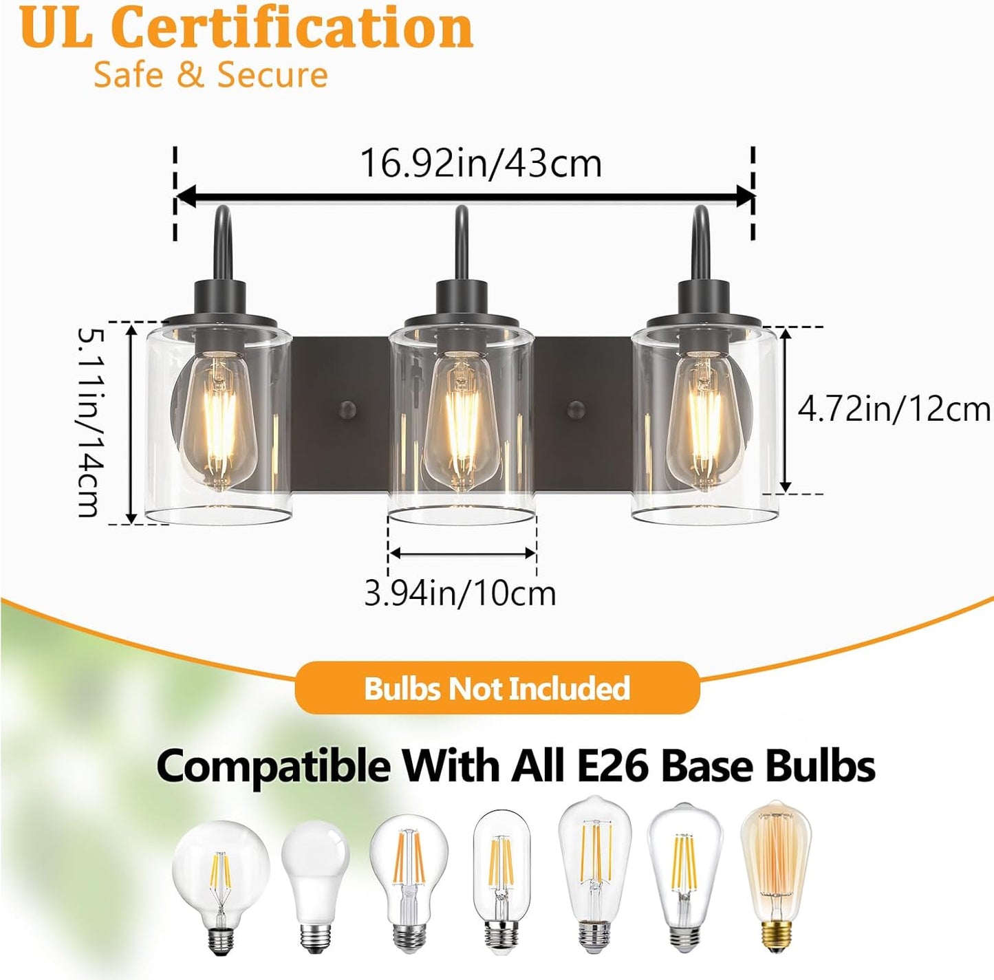 3-Light Bathroom Light Fixtures, Black Vanity Light Farmhouse Wall Sconces with Clear Glass Shade, Modern Bathroom Wall Lamp for Mirror Bedroom Hallway Living Room Cabinet