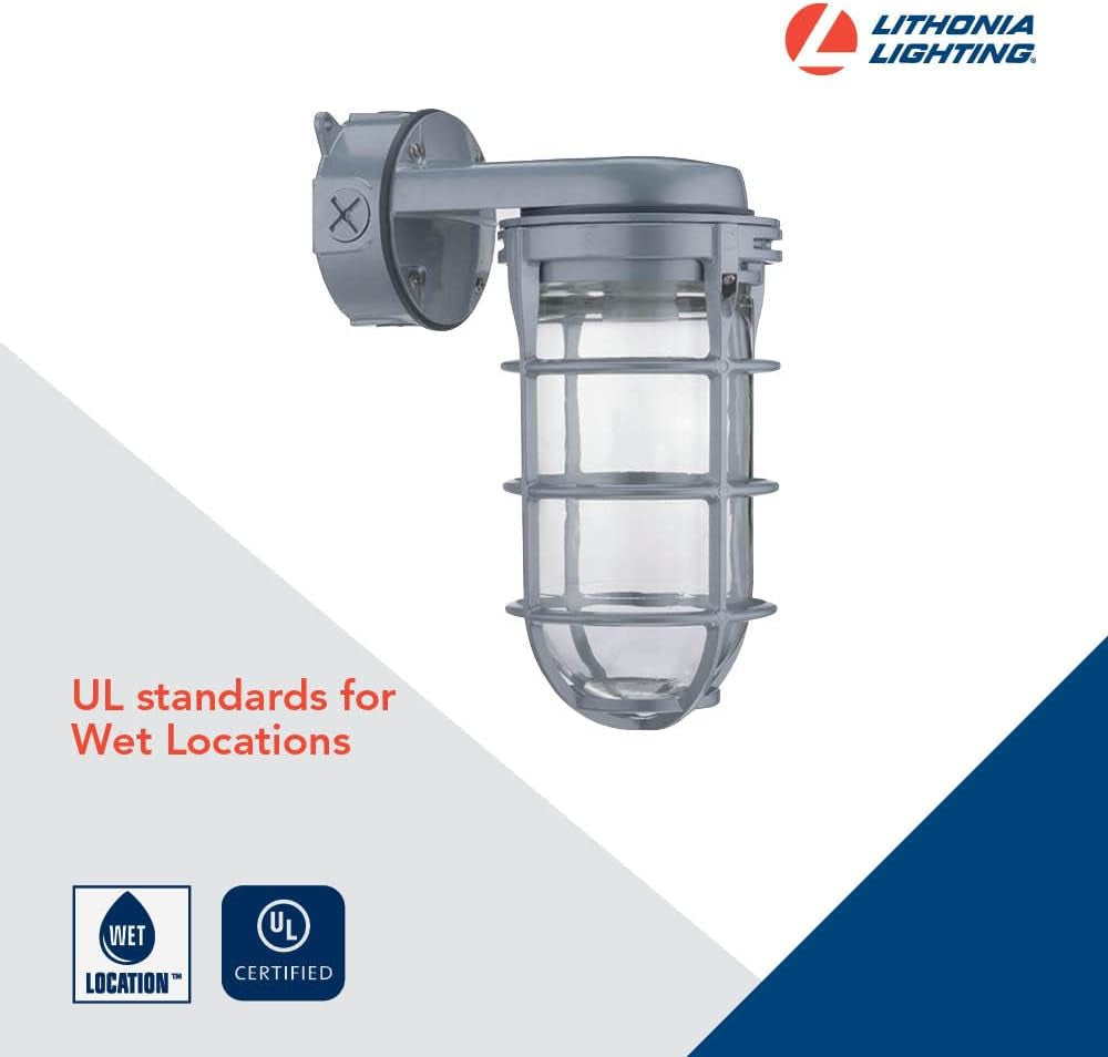 Lithonia Lighting VW150I M12 Incandescent Utility Vapor Tight Wall Lamp, Industrial Style Wall Light for Indoor and Outdoor Use, 150W, 120V, Includes Junction Box, Grey