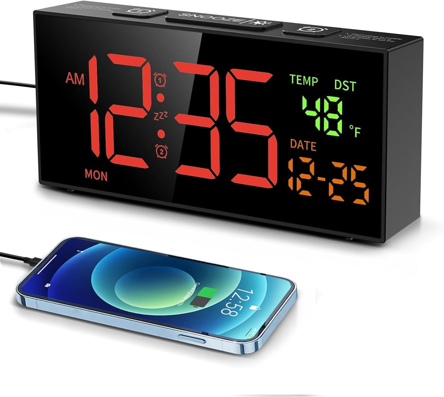Netzu Alarm Clocks for Bedrooms, Digital Clock with Date Temperature and Weekday, Manual DST, Snooze, 2 Alarms, 4 Volumes for Living Room Home Bedside Desk (Black)